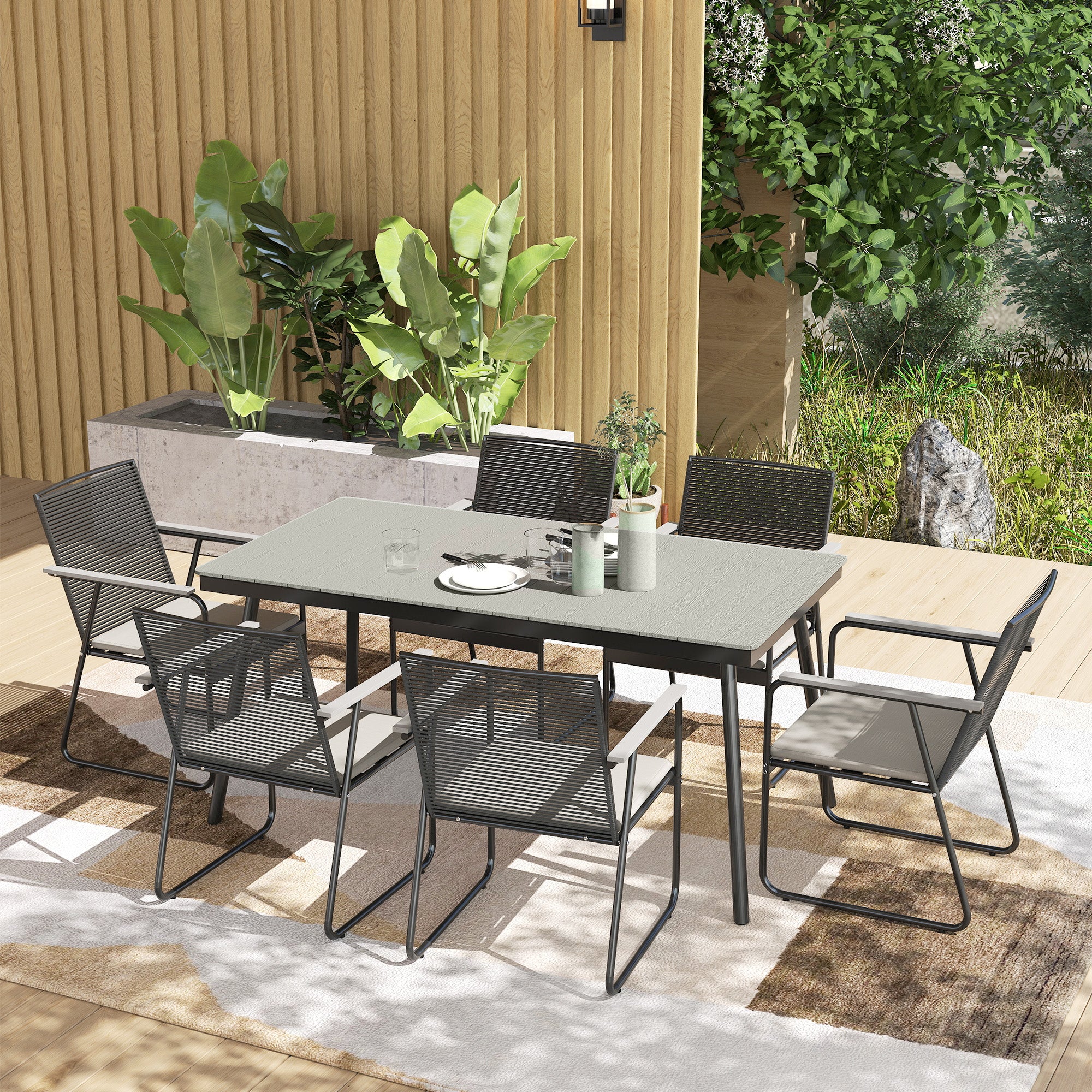 Outsunny 6 Seater Garden Dining Set with Cushions Rattan Backrest - Image 2