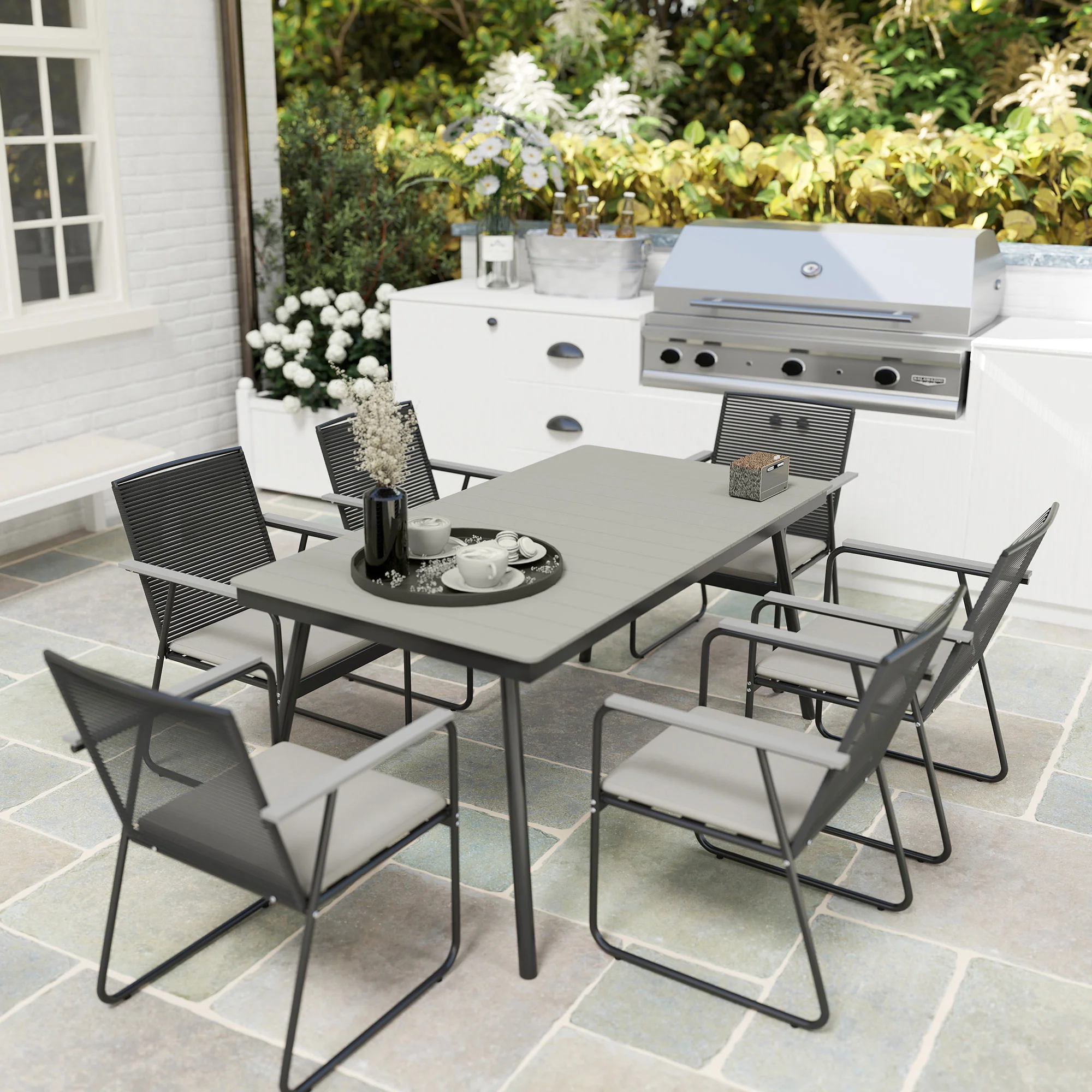 Outsunny 6 Seater Garden Dining Set with Cushions Rattan Backrest - Image 8