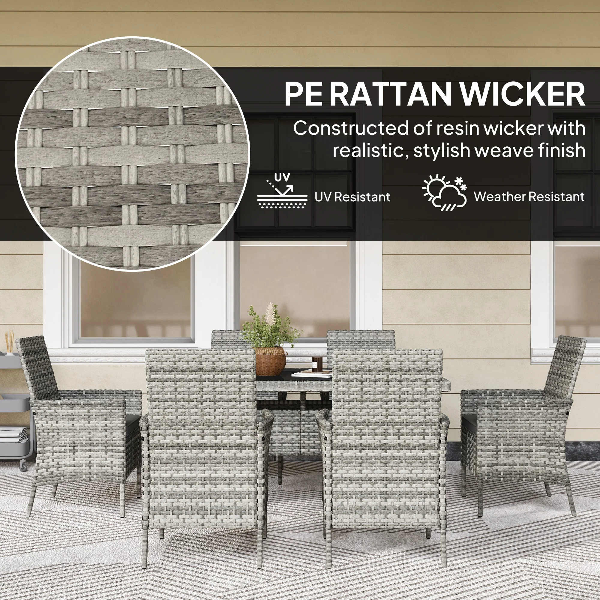 Outsunny 6 Seater Rattan Garden Furniture Set with Cushions, Mixed-Grey - Image 4