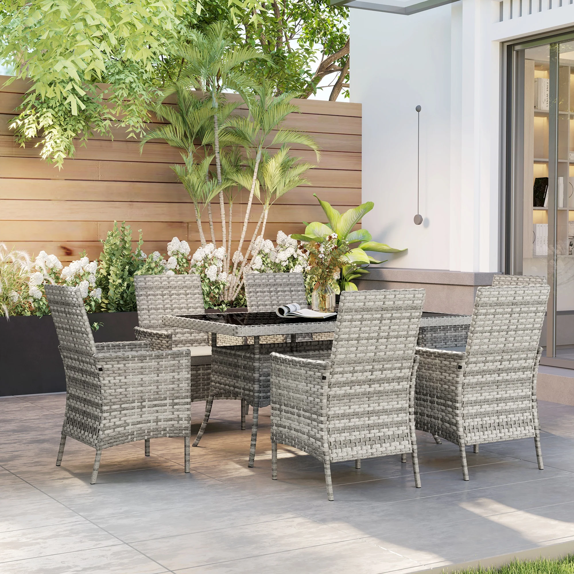 Outsunny 6 Seater Rattan Garden Furniture Set with Cushions, Mixed-Grey - Image 9