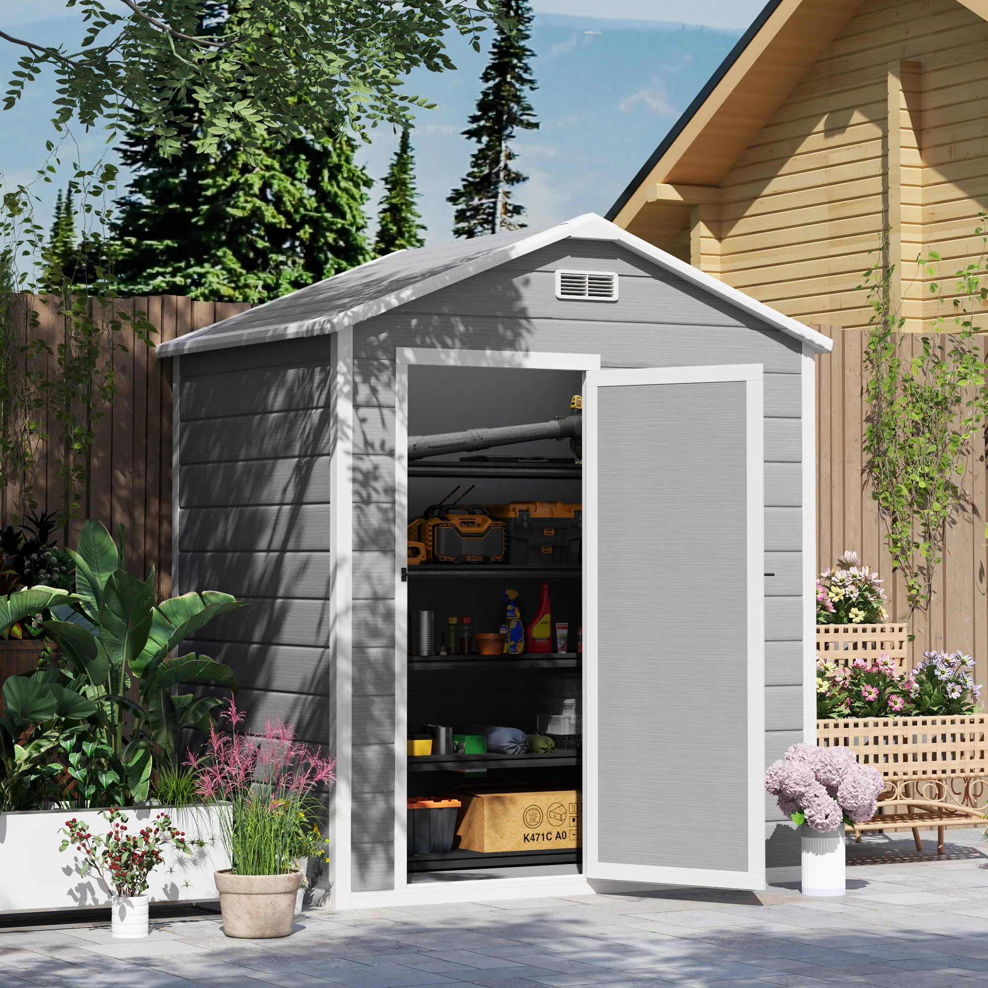 Outsunny 6 x 4ft Resin Garden Shed with Floor and Window, Grey - Image 2