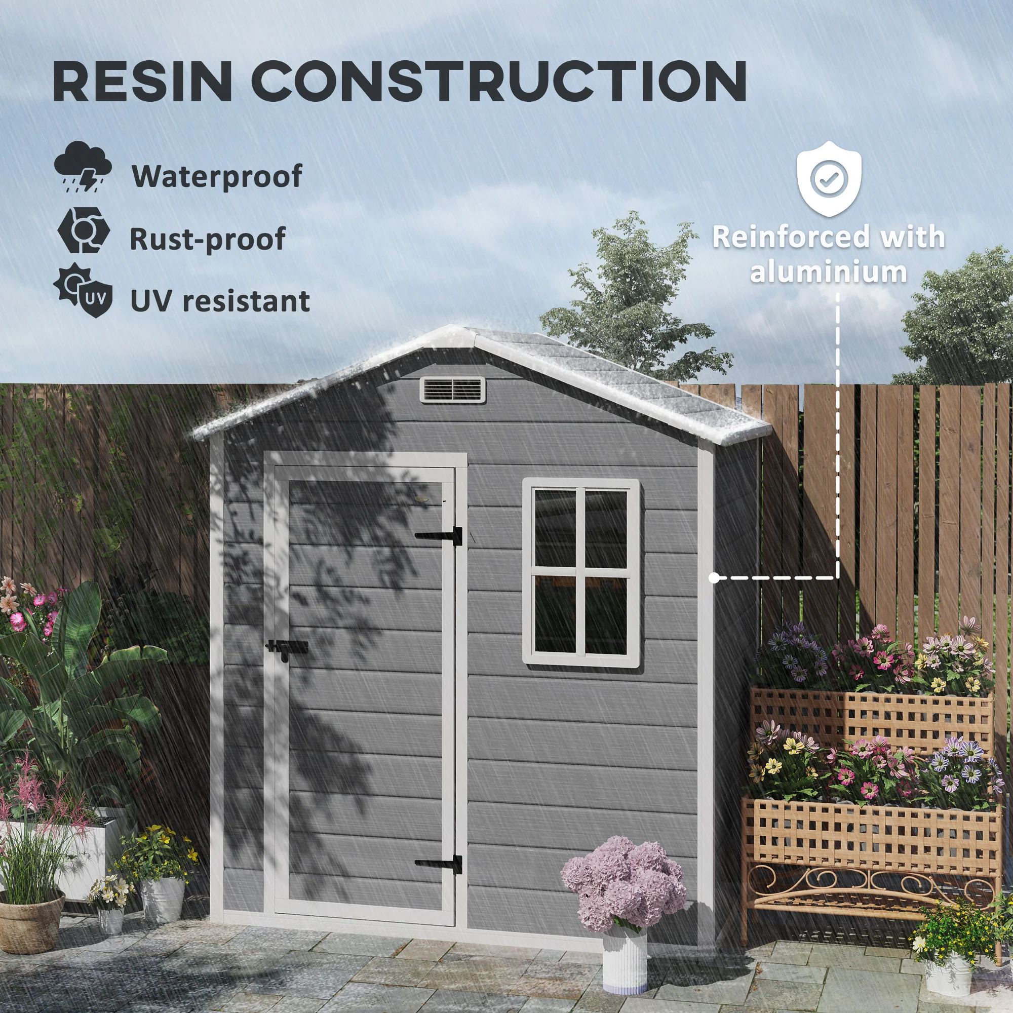 Outsunny 6 x 4ft Resin Garden Shed with Floor and Window, Grey - Image 3