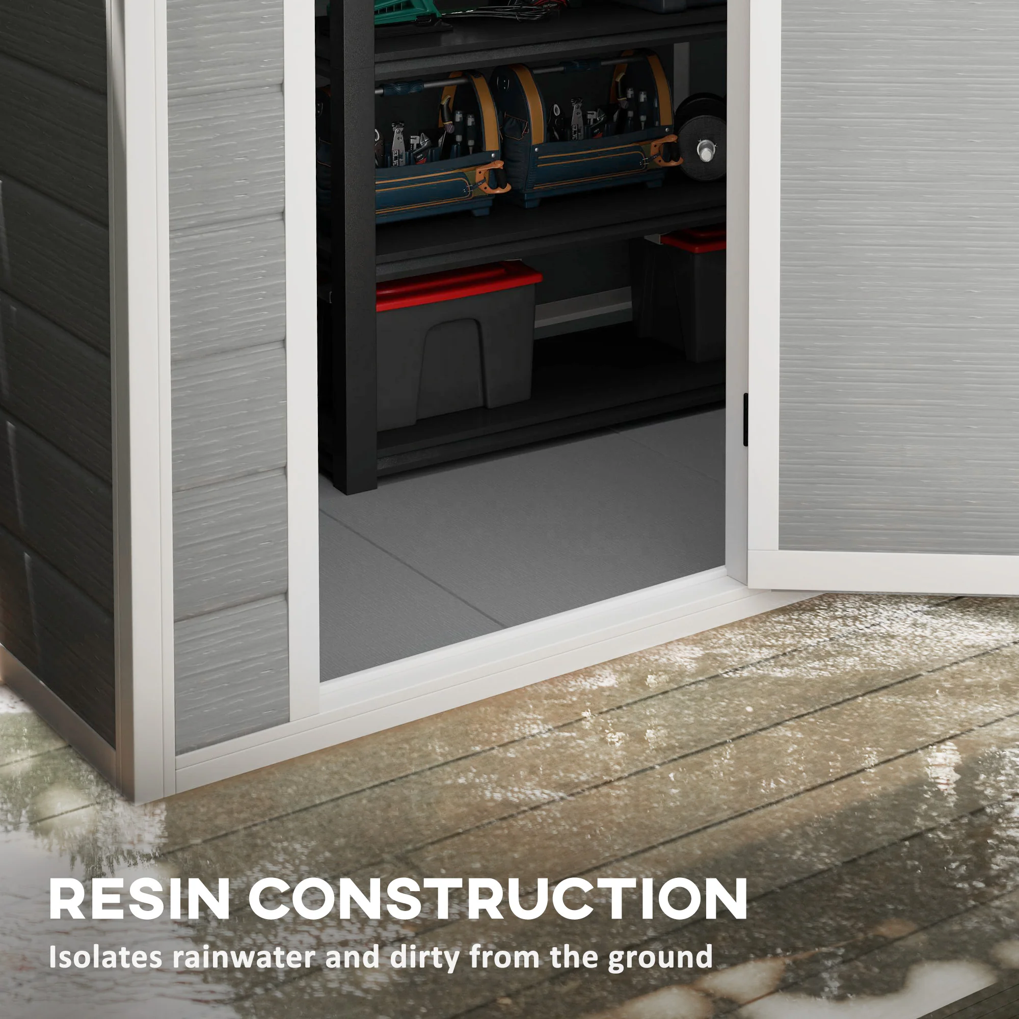 Outsunny 6 x 4ft Resin Garden Shed with Floor and Window, Grey - Image 4