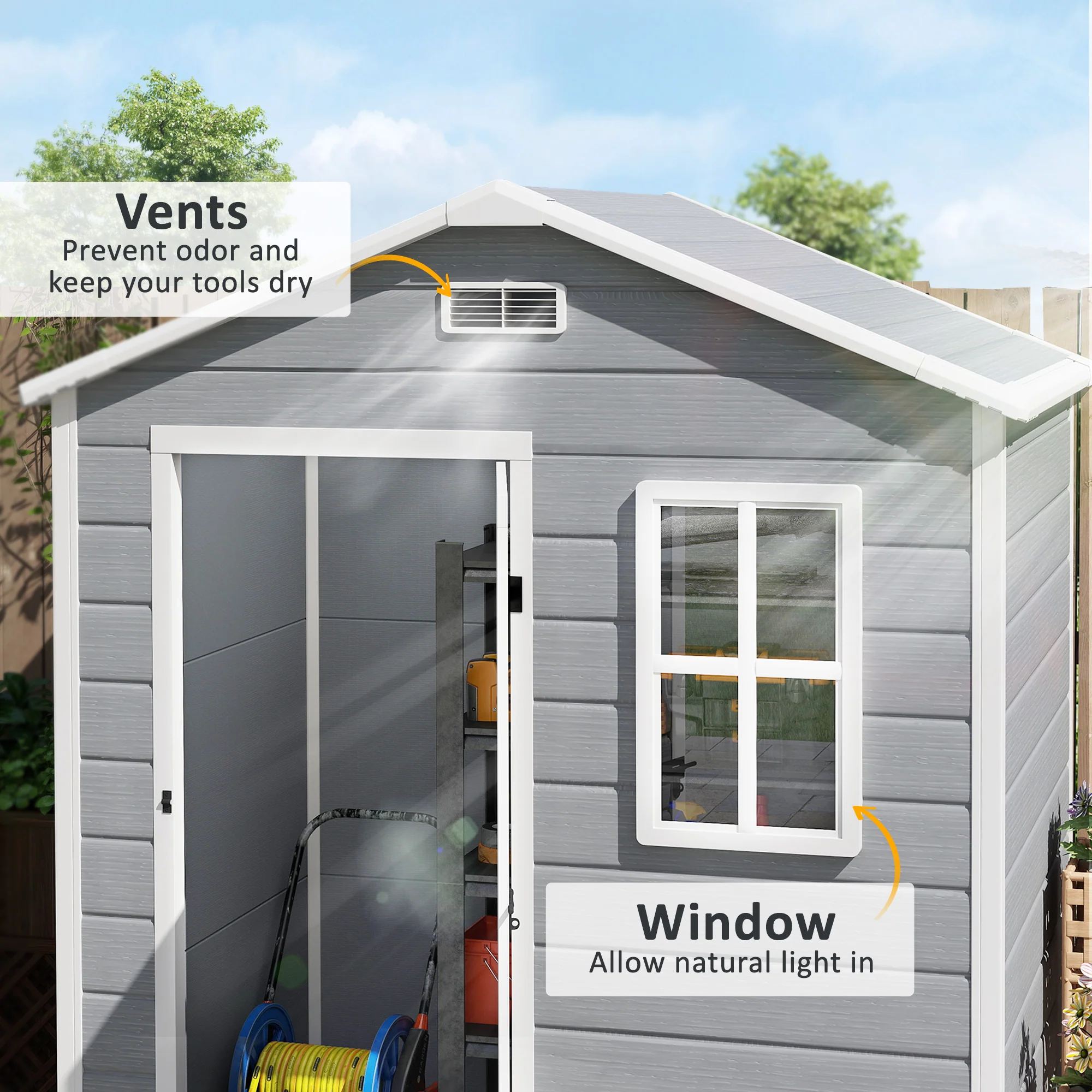 Outsunny 6 x 4ft Resin Garden Shed with Floor and Window, Grey - Image 6