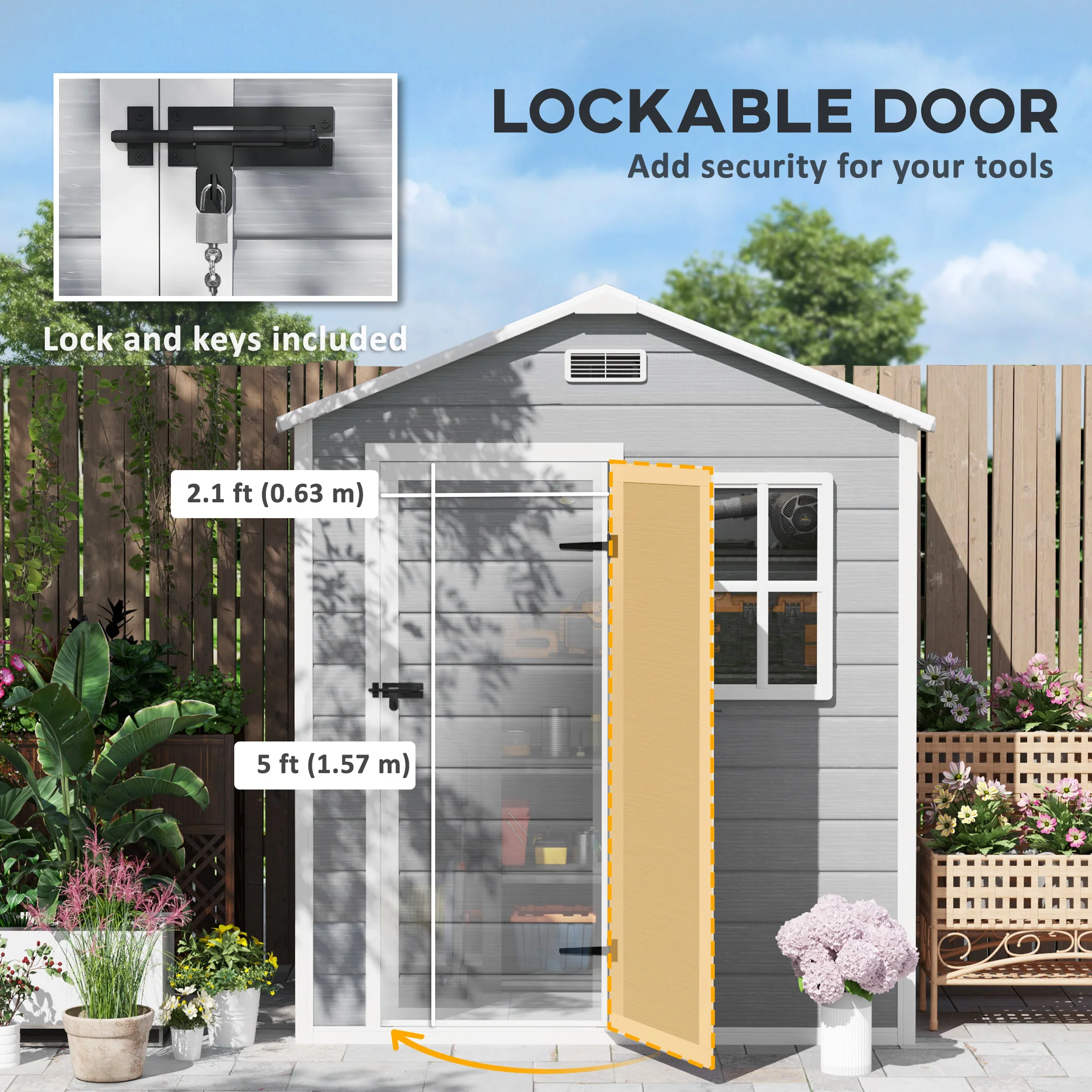 Outsunny 6 x 4ft Resin Garden Shed with Floor and Window, Grey - Image 7