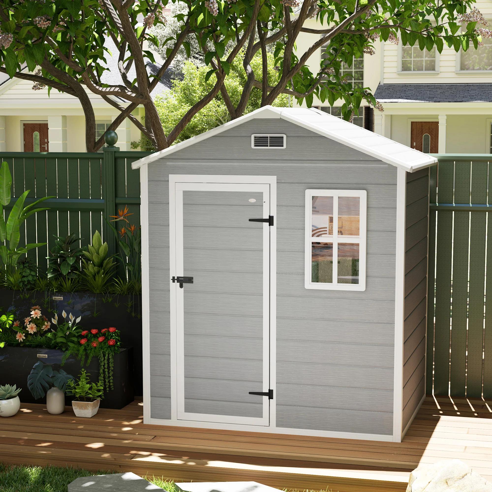 Outsunny 6 x 4ft Resin Garden Shed with Floor and Window, Grey - Image 9