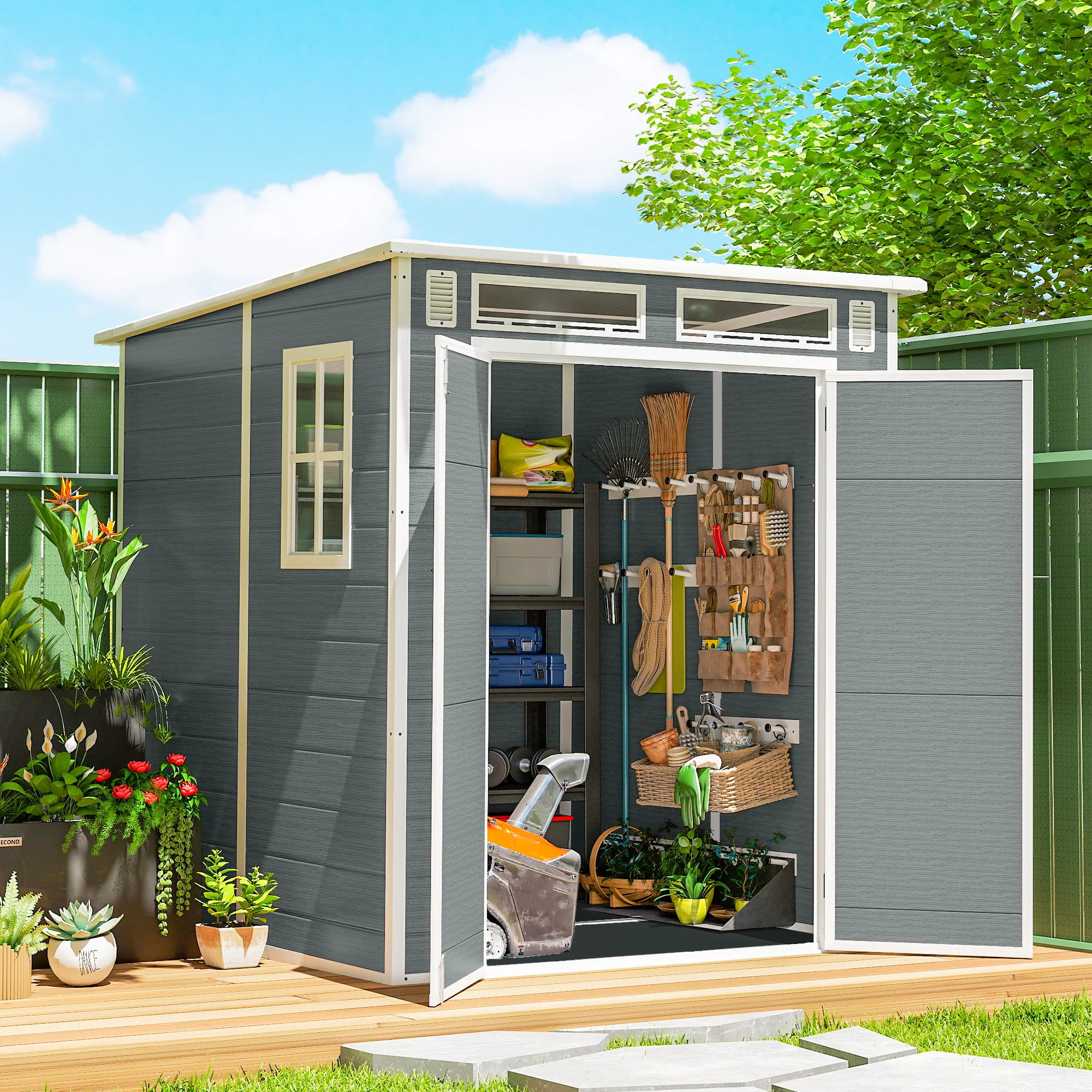 Outsunny 6 X 6 Ft Plastic Garden Shed With Floor, Lockable Doors, Grey - Image 2
