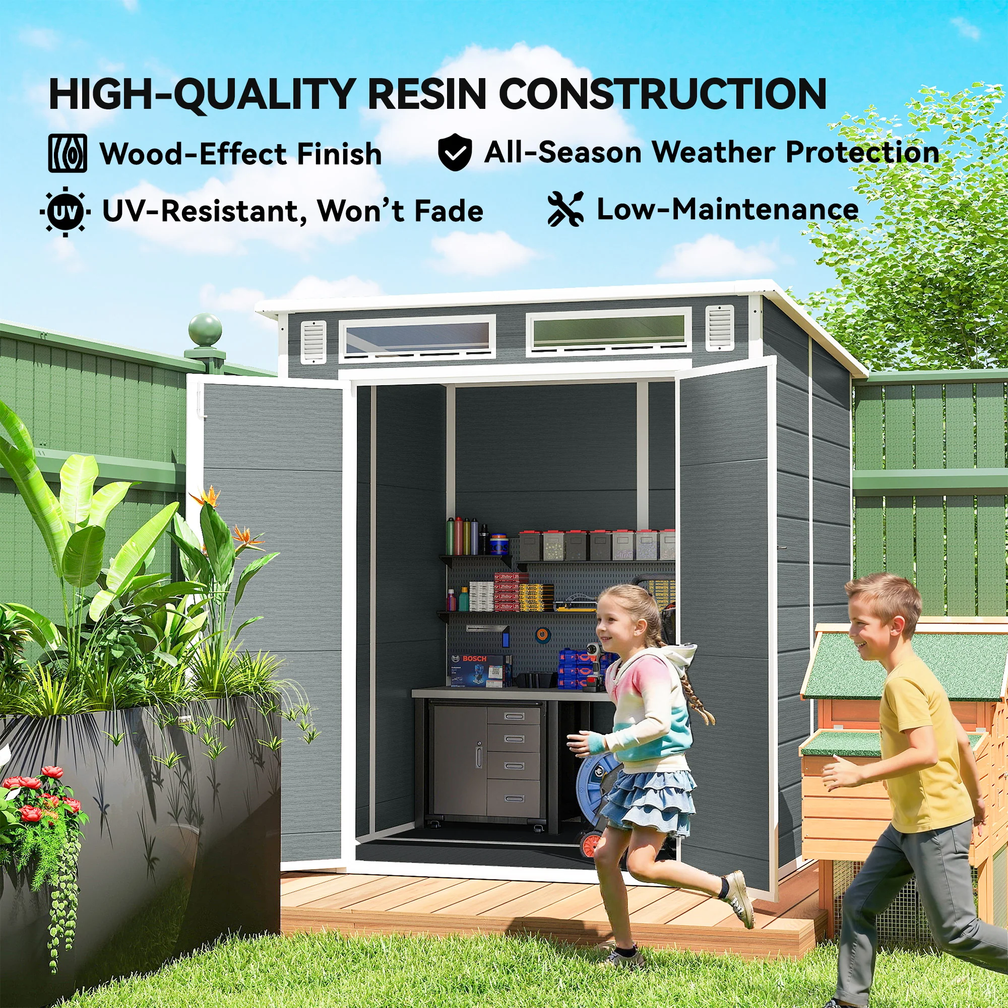 Outsunny 6 X 6 Ft Plastic Garden Shed With Floor, Lockable Doors, Grey - Image 8