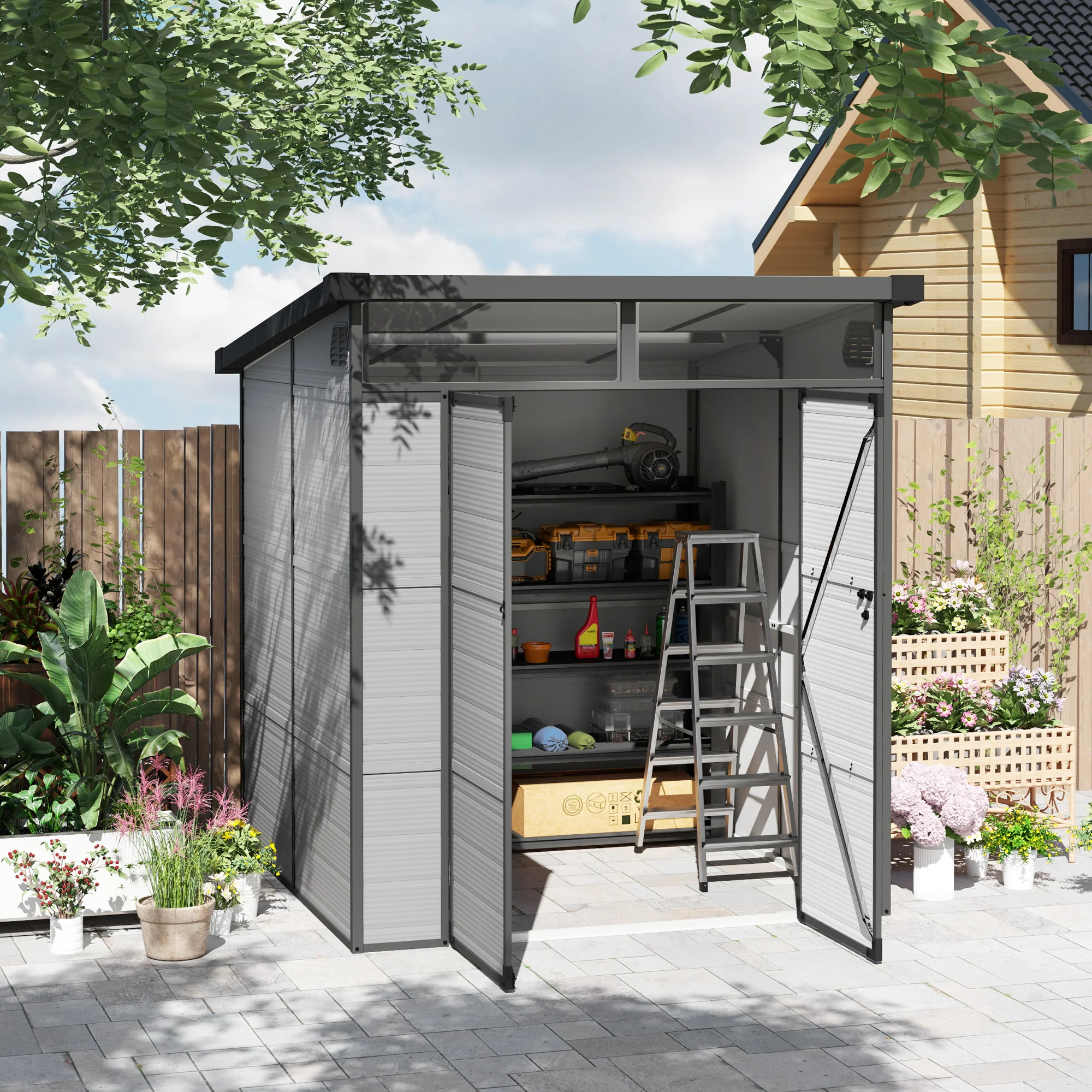 Outsunny 6 x 6ft Plastic Garden Shed with Windows and Air Vents - Image 11