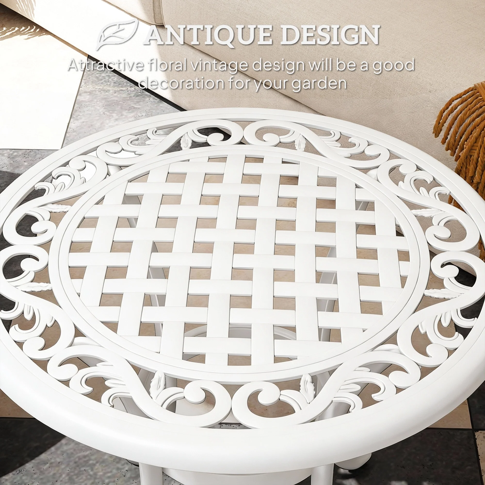 Outsunny 60cm Round Garden Table With Cast Aluminium Frame, White - Image 4