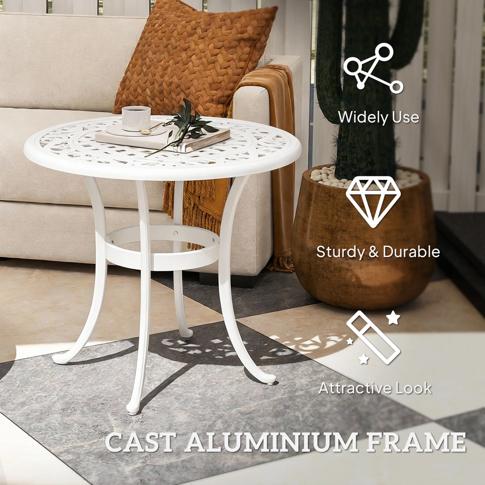 Outsunny 60cm Round Garden Table With Cast Aluminium Frame, White - Image 5