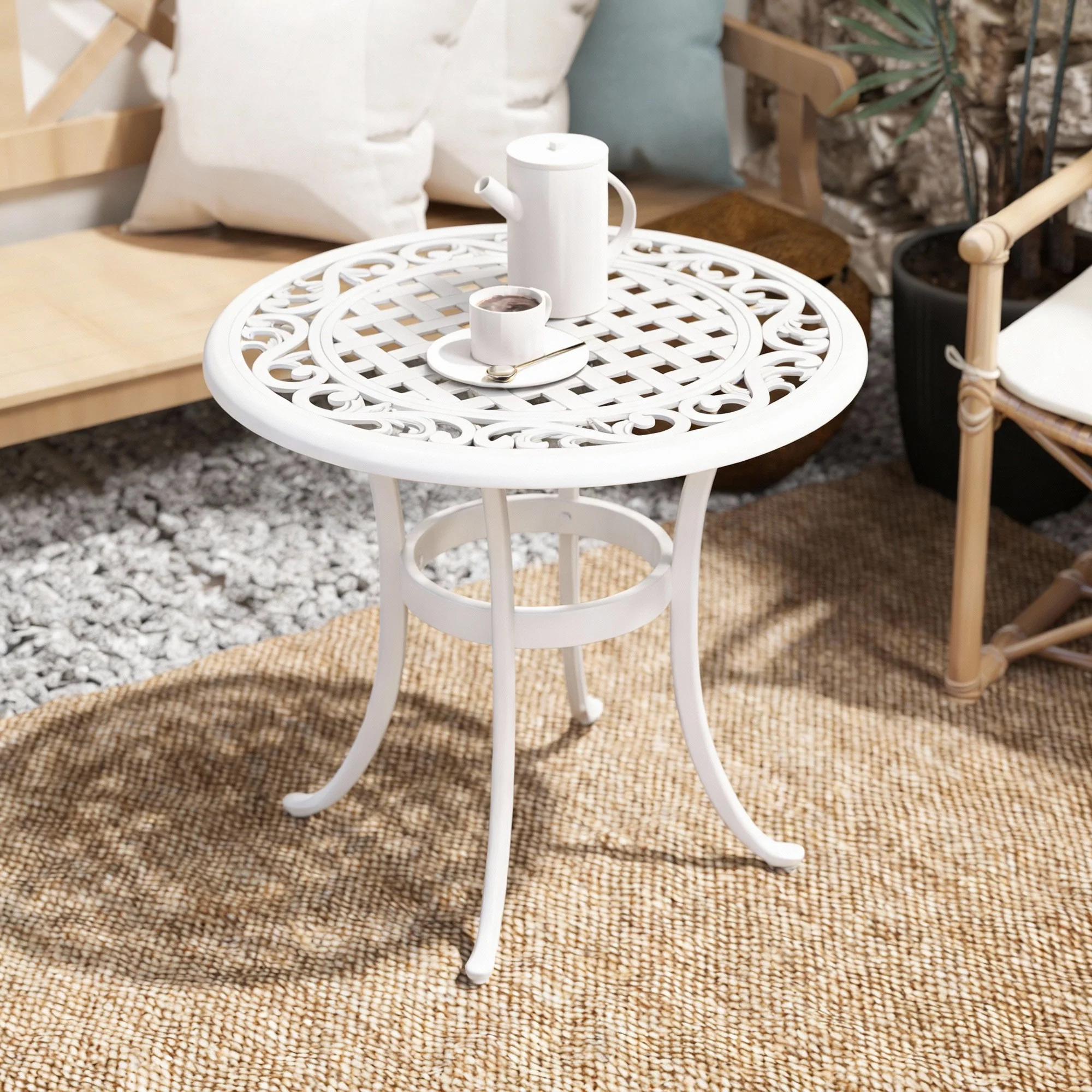 Outsunny 60cm Round Garden Table With Cast Aluminium Frame, White - Image 7