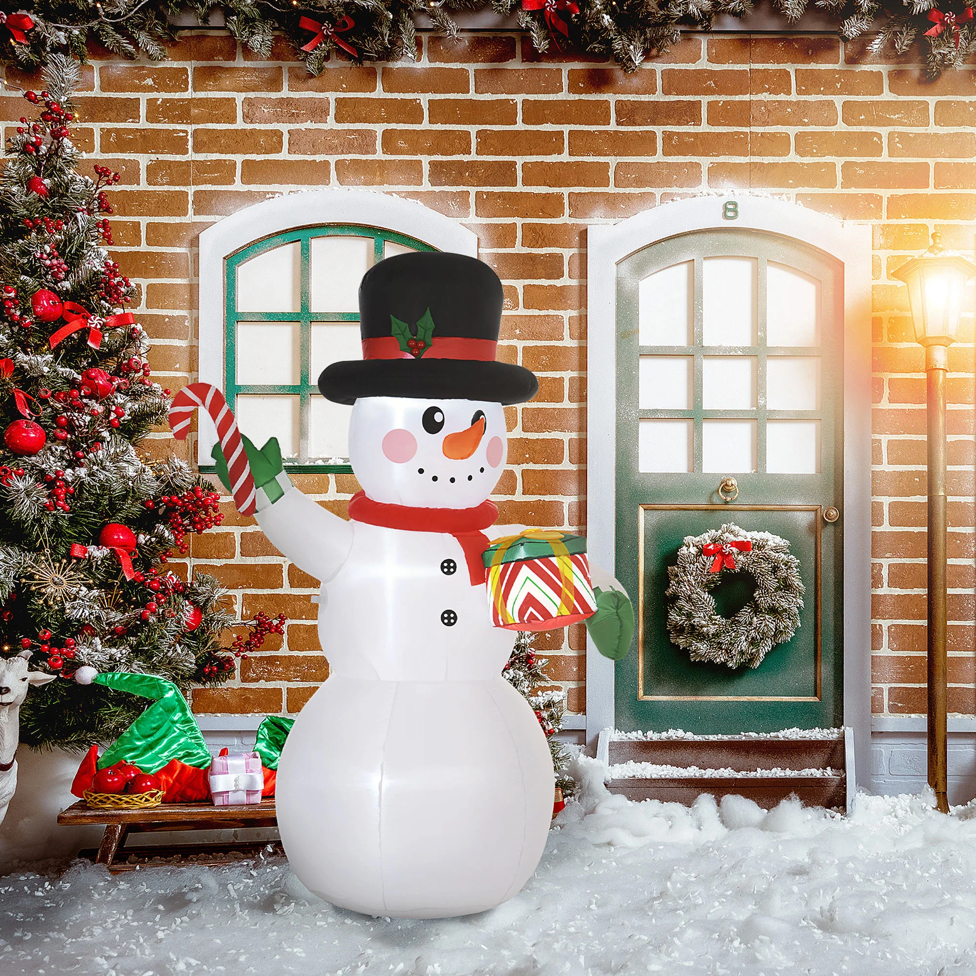 Outsunny 6FT Inflatable Snowman With Candy Cane And Gift Box For Party - Image 2
