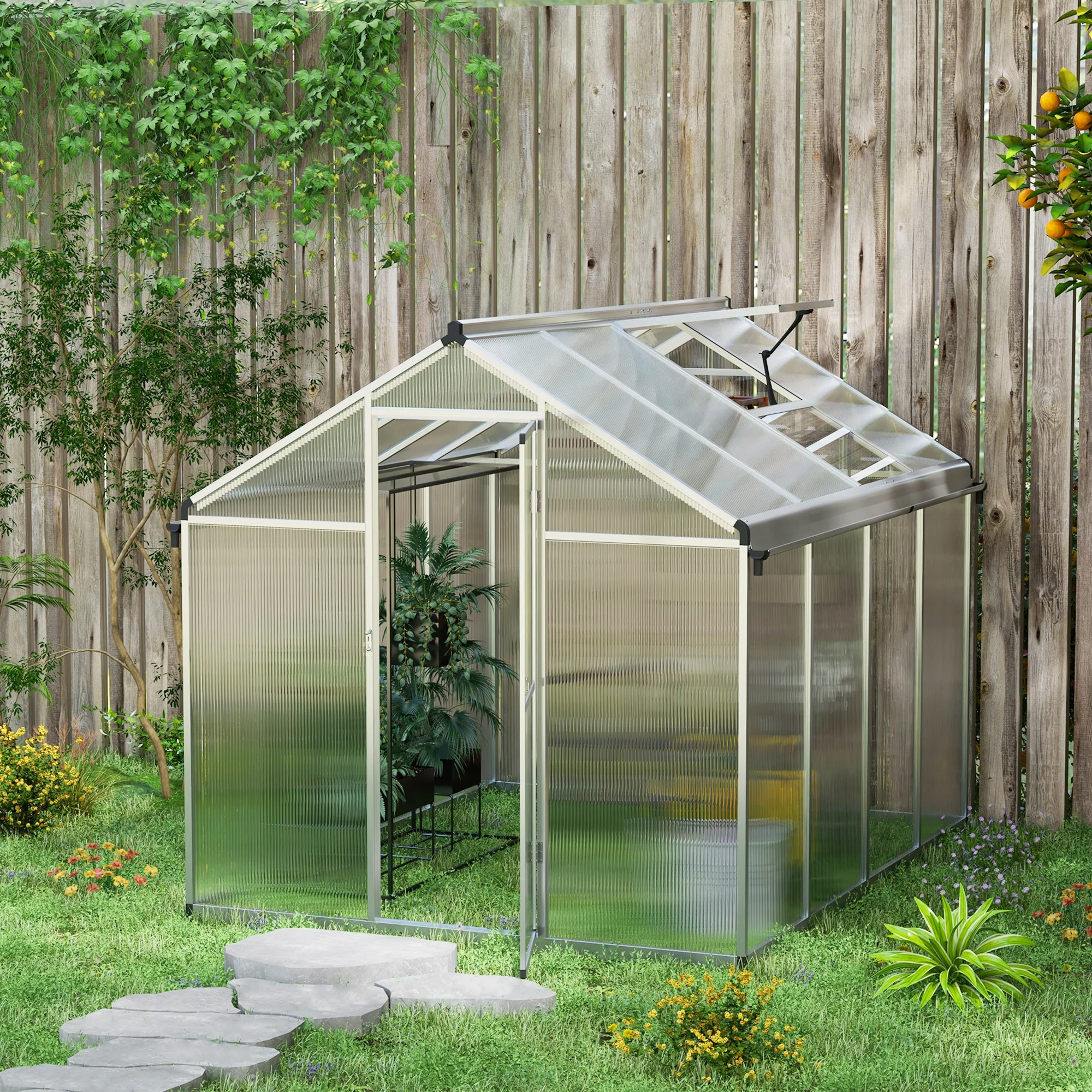 Outsunny Aluminium Greenhouse With/ Door Window Galvanised Base PC Panel - Image 11