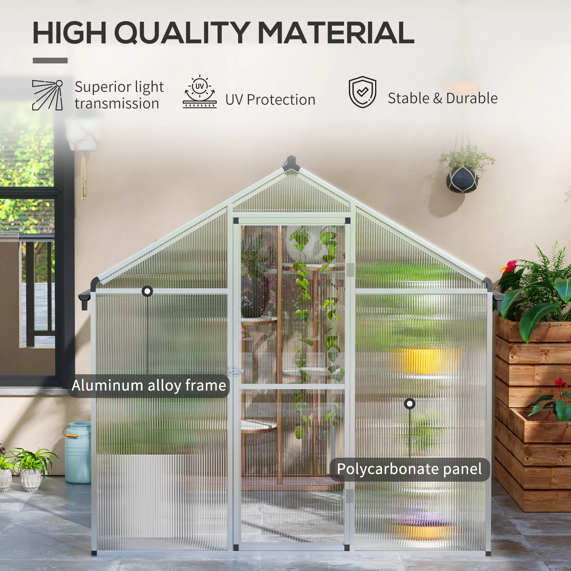 Outsunny Aluminium Greenhouse With/ Door Window Galvanised Base PC Panel - Image 12