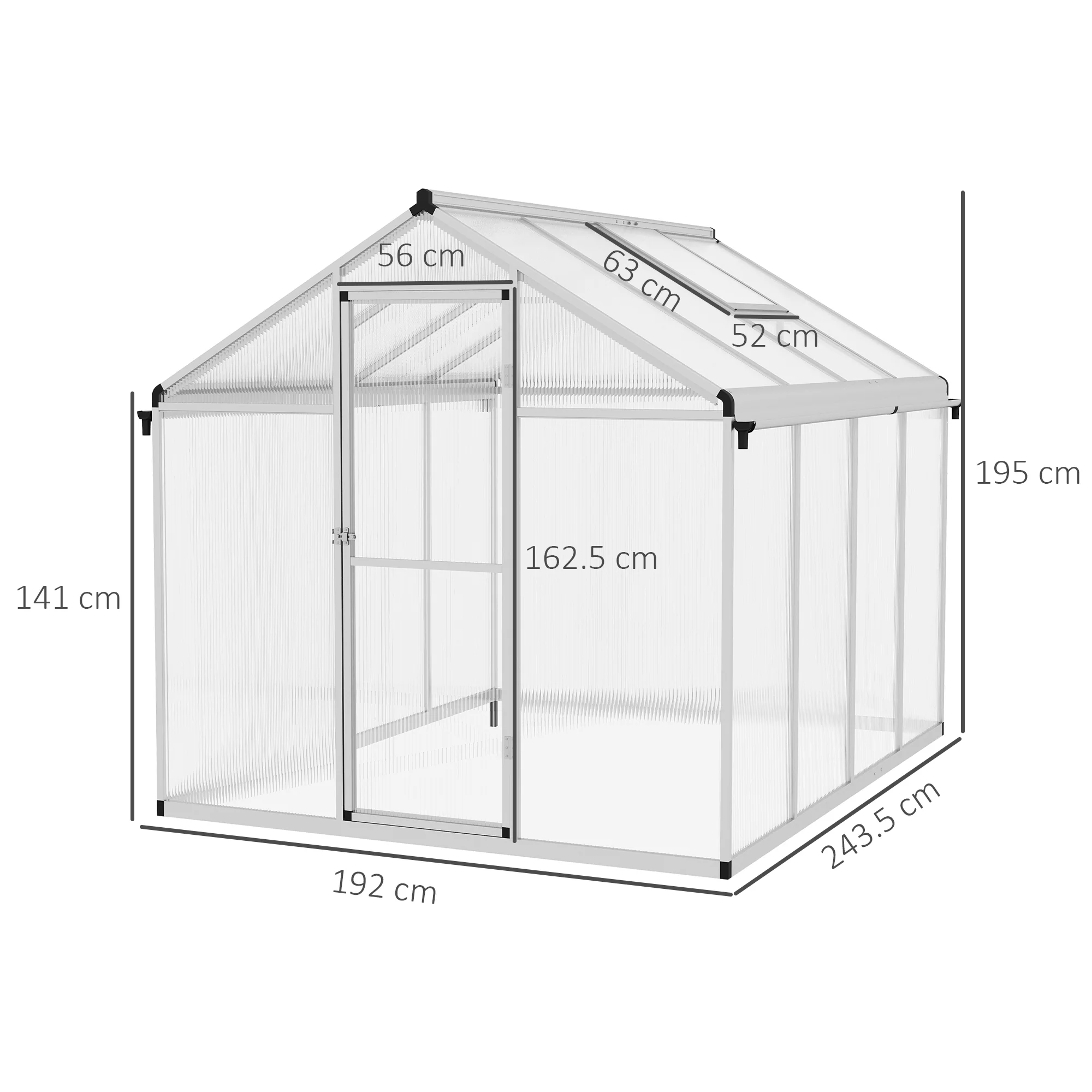 Outsunny Aluminium Greenhouse With/ Door Window Galvanised Base PC Panel - Image 14