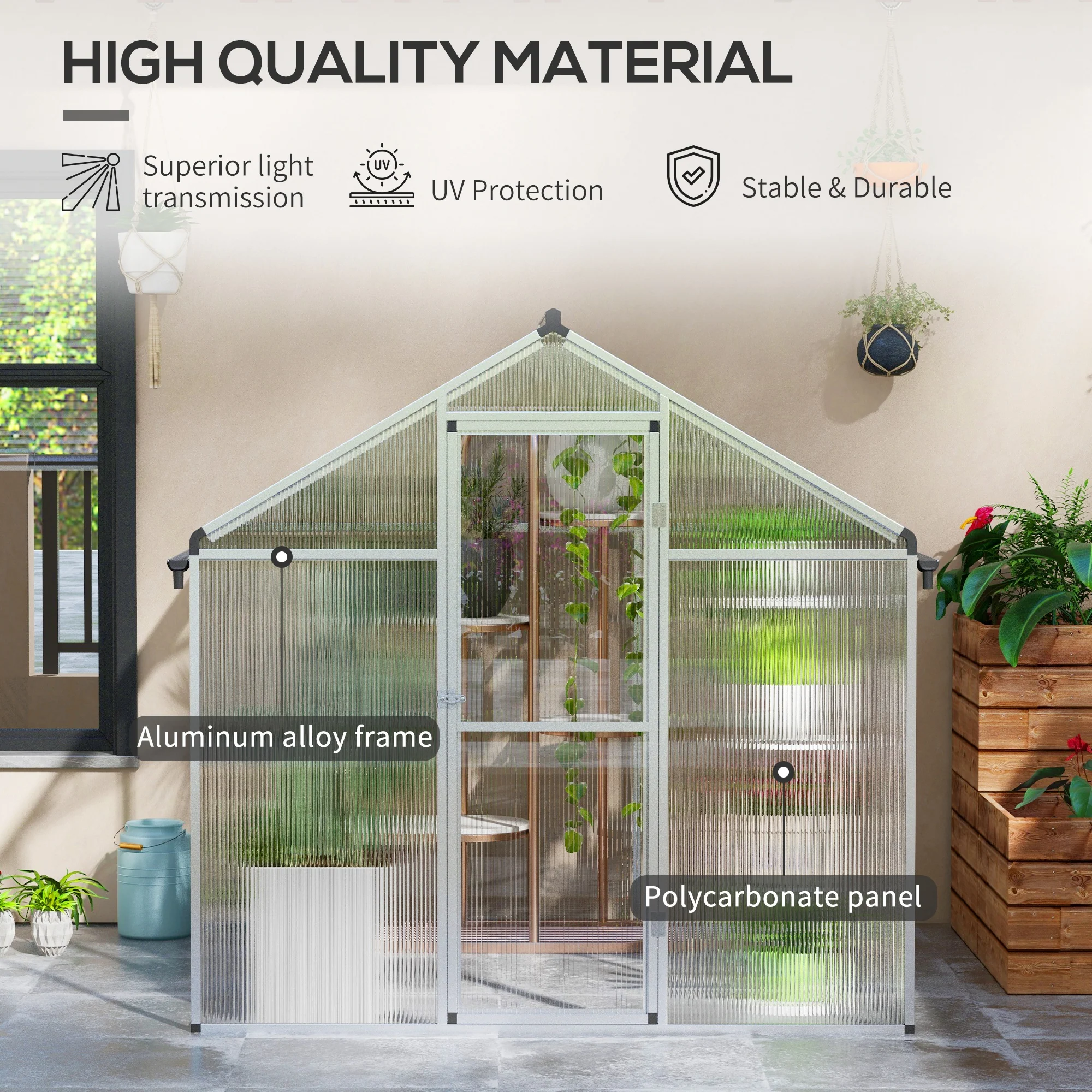 Outsunny Aluminium Greenhouse With/ Door Window Galvanised Base PC Panel - Image 3
