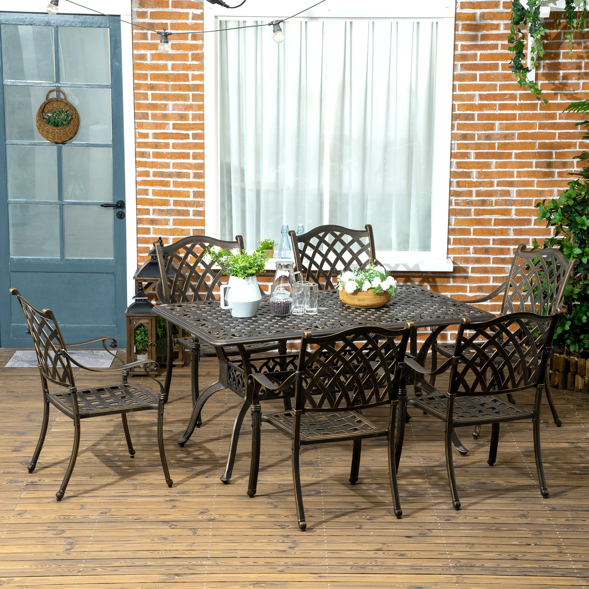 Outsunny 7-PC Cast Aluminum Patio Dining Set W/ Umbrella Hole & Cushion, Bronze - Image 2