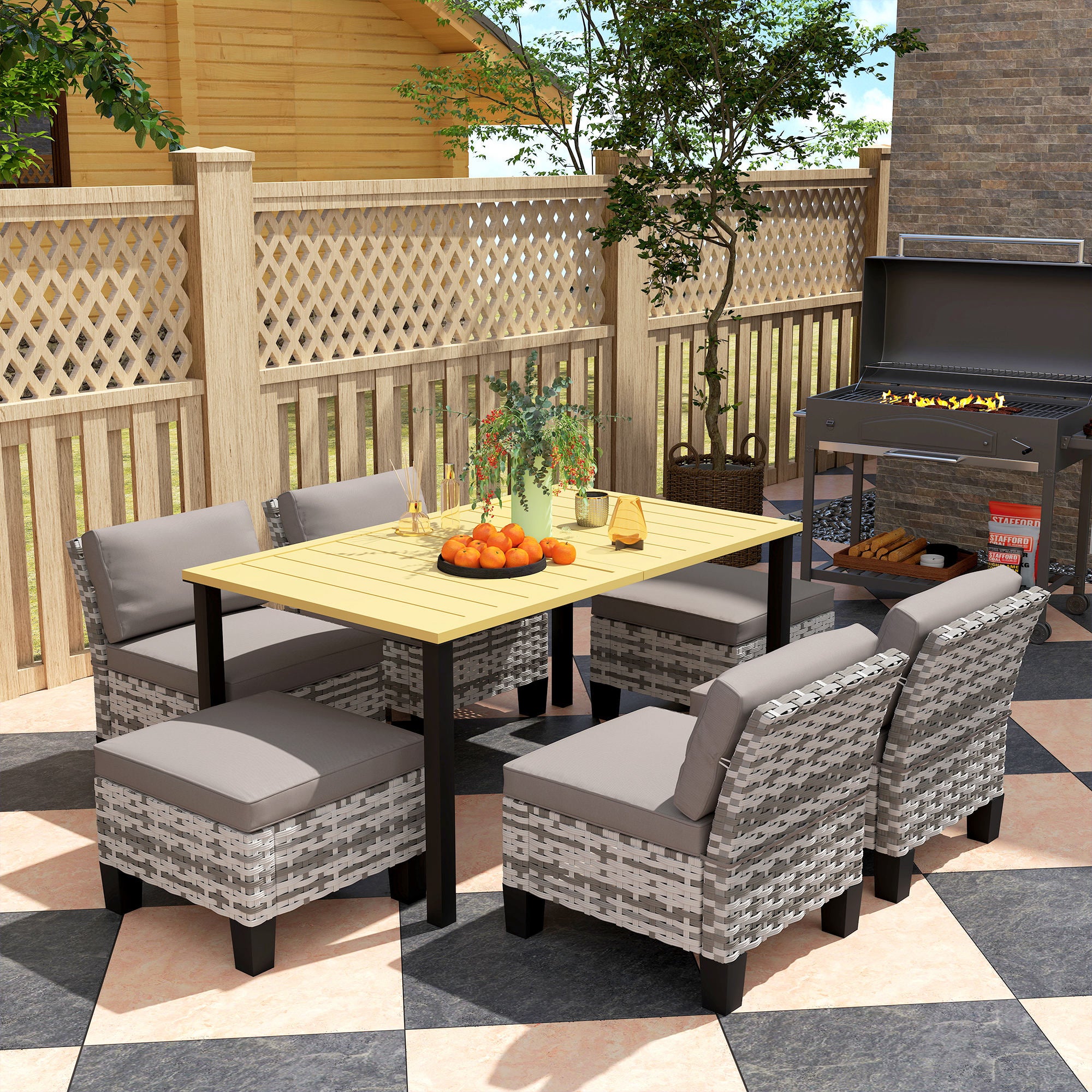 Outsunny 7 PCS Rattan Garden Dining Set with Cushions, Umbrella Hole, Grey - Image 2