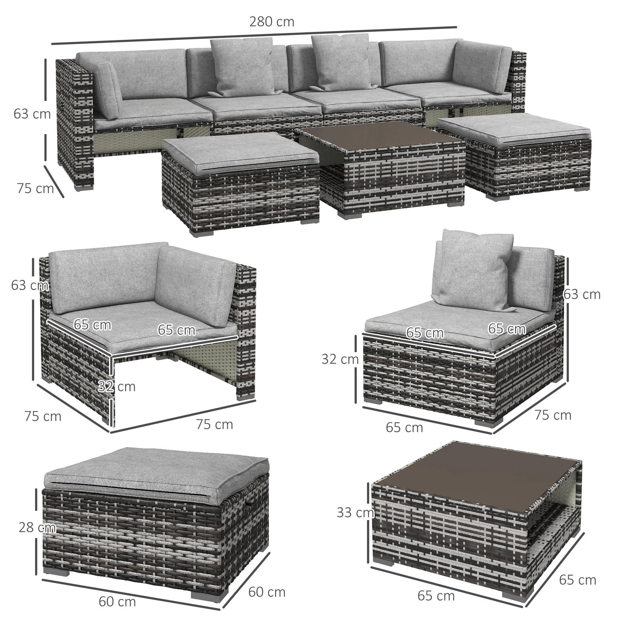 Outsunny 7 PCs Rattan Garden Furniture Set with Side Shelf, Stools, Table, Grey - Image 5