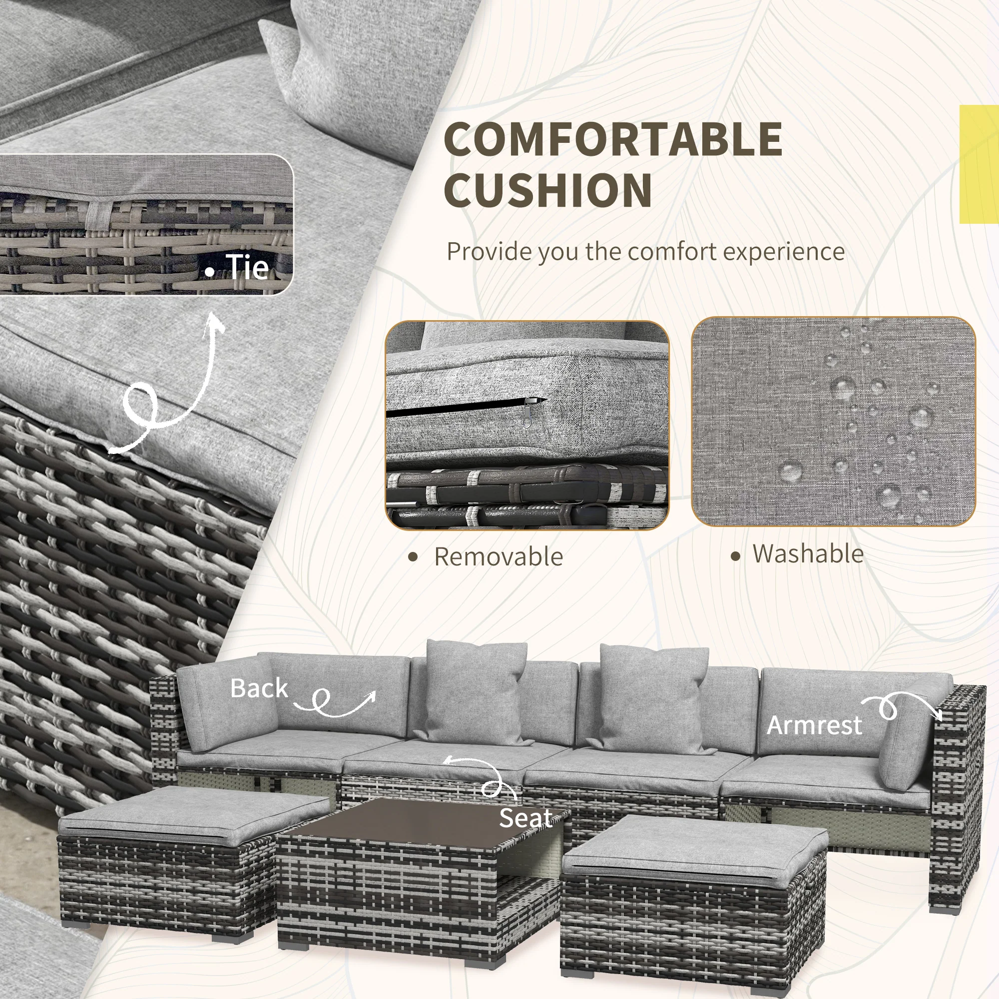 Outsunny 7 PCs Rattan Garden Furniture Set with Side Shelf, Stools, Table, Grey - Image 6