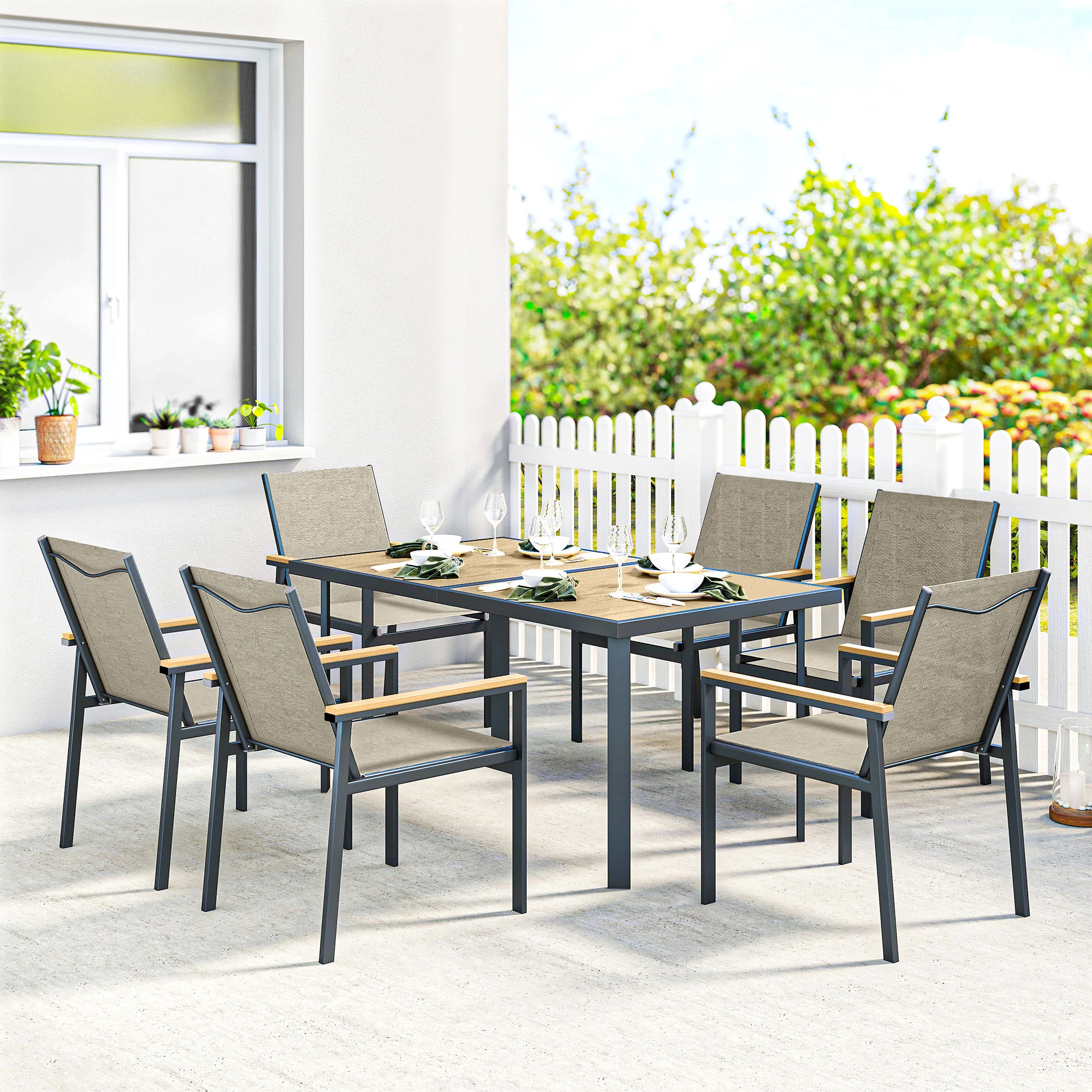Outsunny 7 Piece Garden Dining Set, Outdoor Table and 6 Chairs, Khaki - Image 2