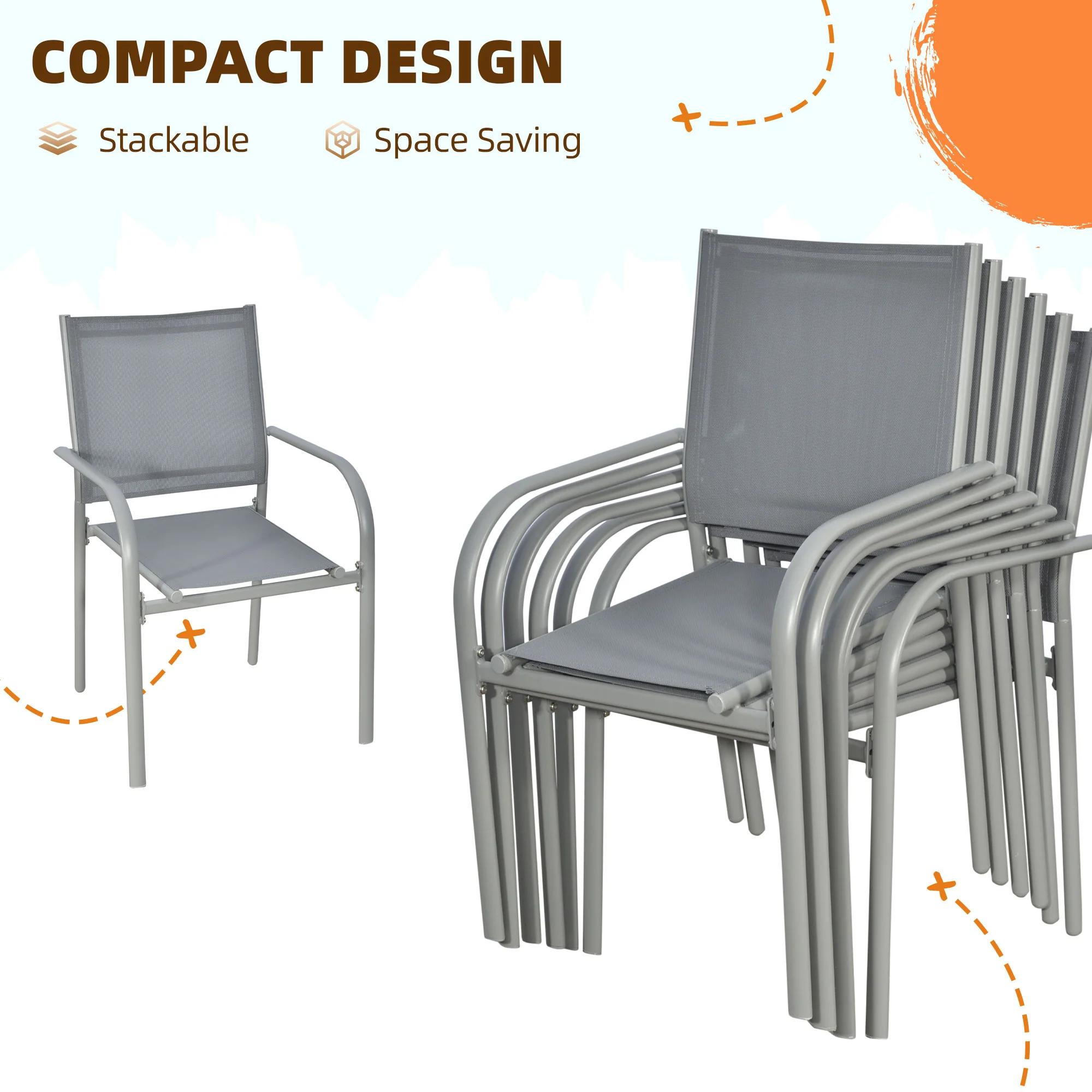 Outsunny 7 Piece Garden Dining Set, Steel Outdoor Table and Chairs, Grey - Image 4