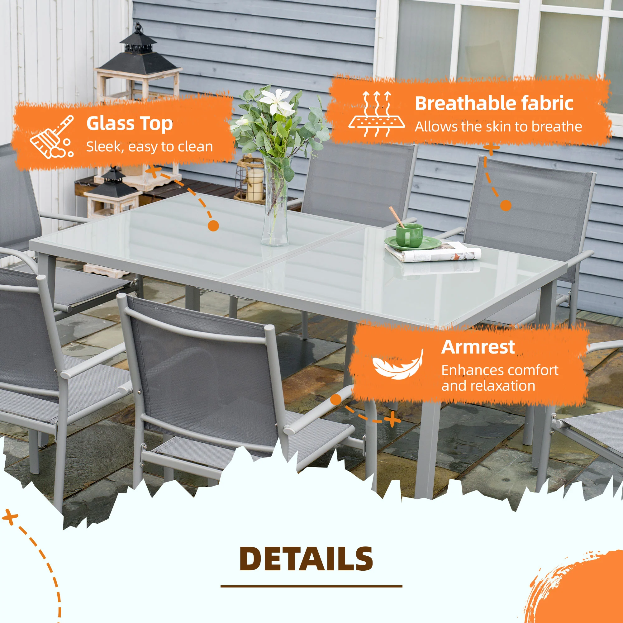Outsunny 7 Piece Garden Dining Set, Steel Outdoor Table and Chairs, Grey - Image 6