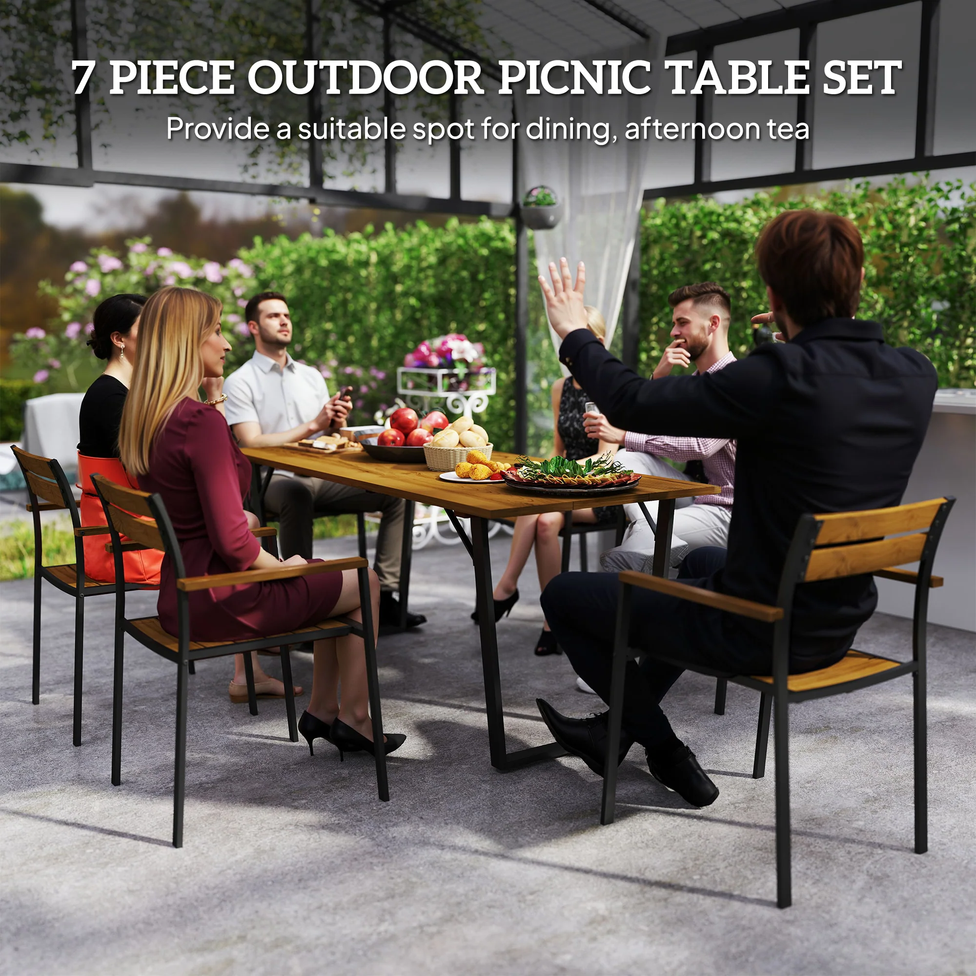Outsunny 7 Piece Garden Dining Set With Table And 6 Stackable Chairs, Brown - Image 3