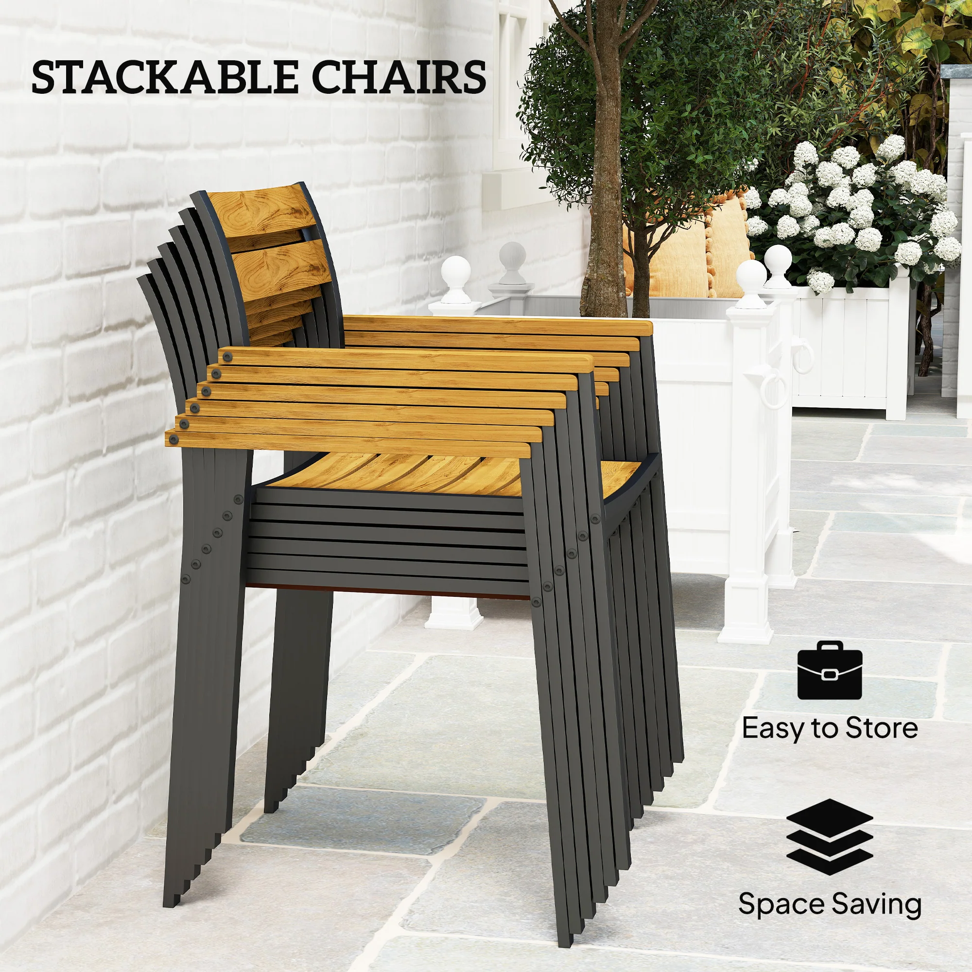 Outsunny 7 Piece Garden Dining Set With Table And 6 Stackable Chairs, Brown - Image 4