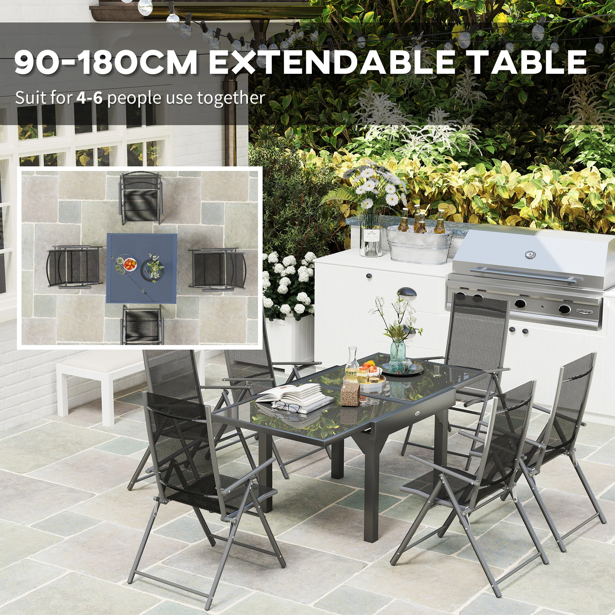 Outsunny 7 Piece Outdoor Dining Set w/ Extendable Table and 6 Folding Chairs - Image 3