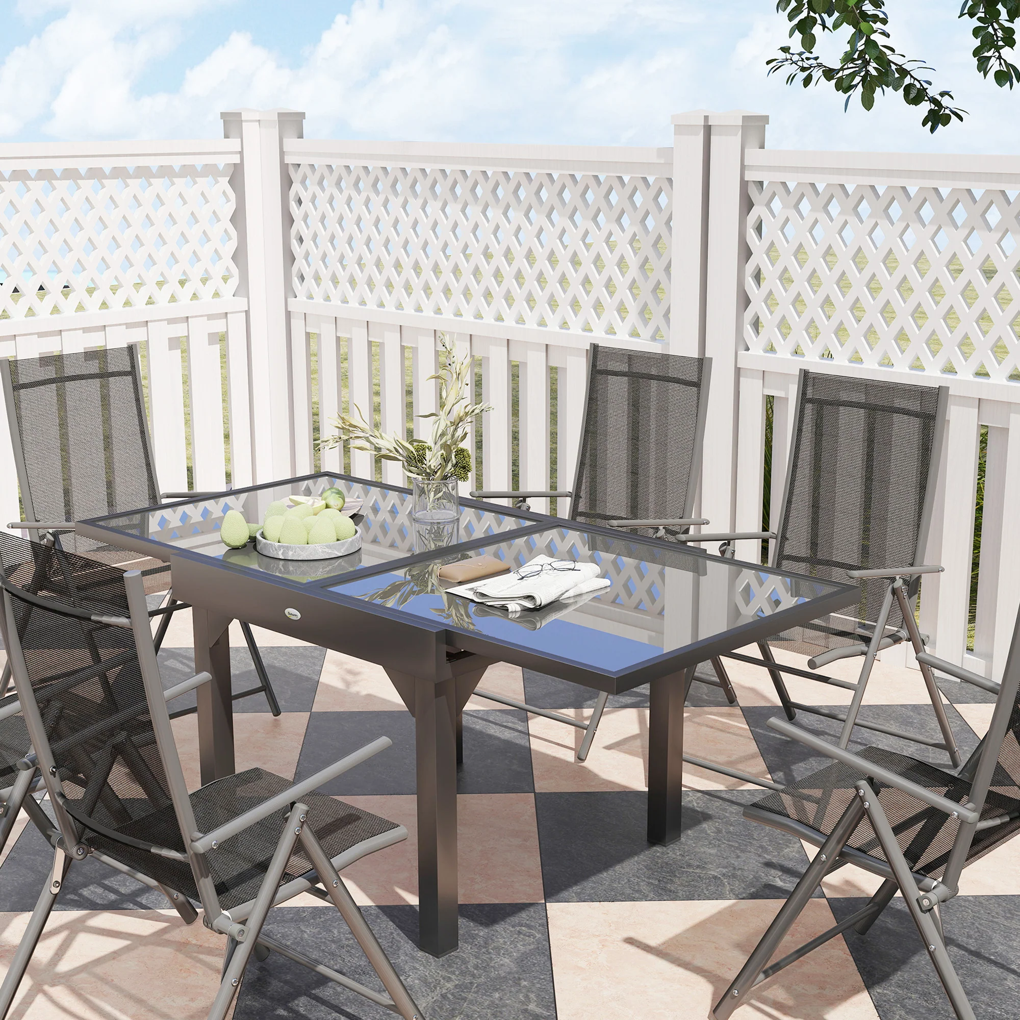 Outsunny 7 Piece Outdoor Dining Set w/ Extendable Table and 6 Folding Chairs - Image 9