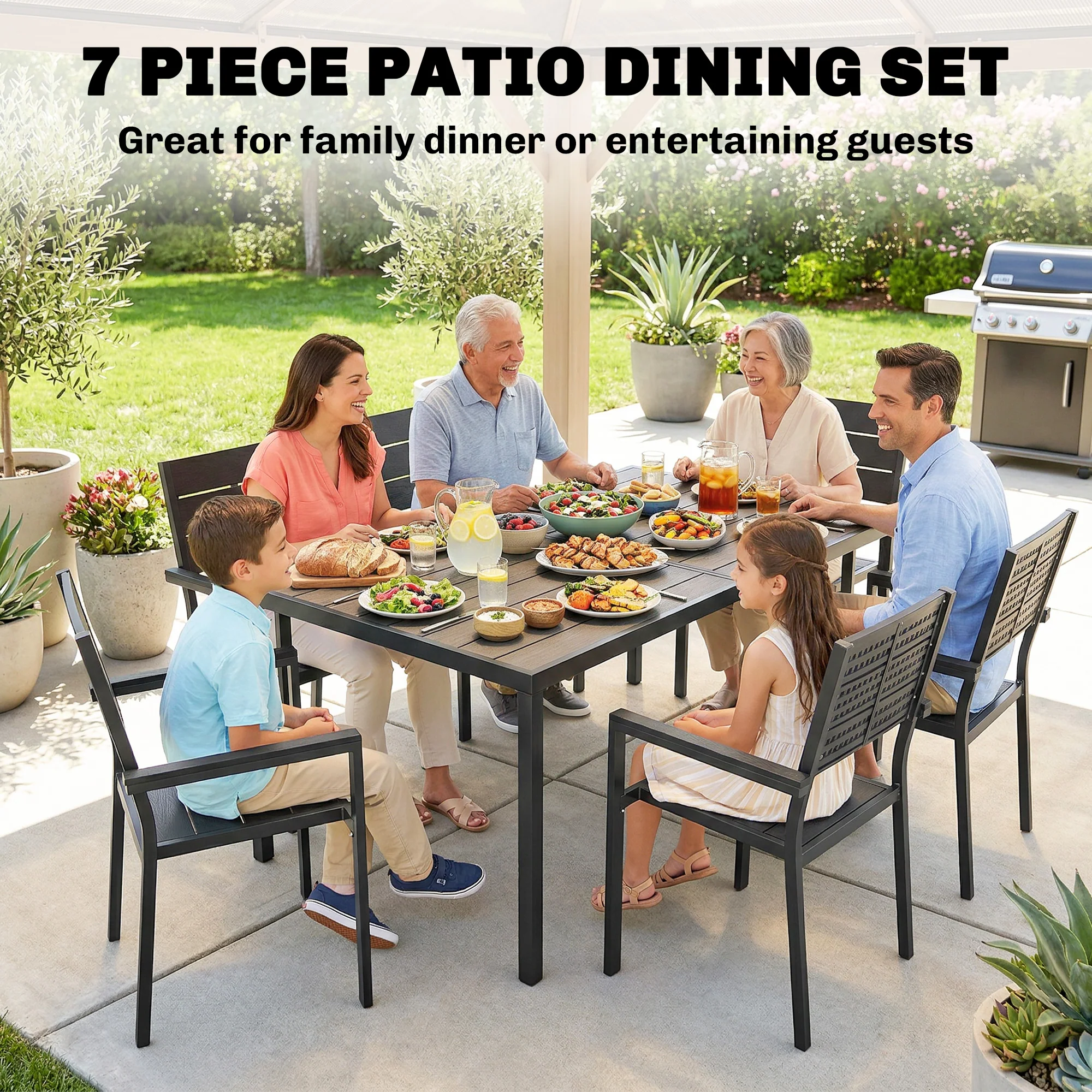 Outsunny 7 Pieces Outdoor Dining Set, Garden Table and Chairs Set, Black - Image 3