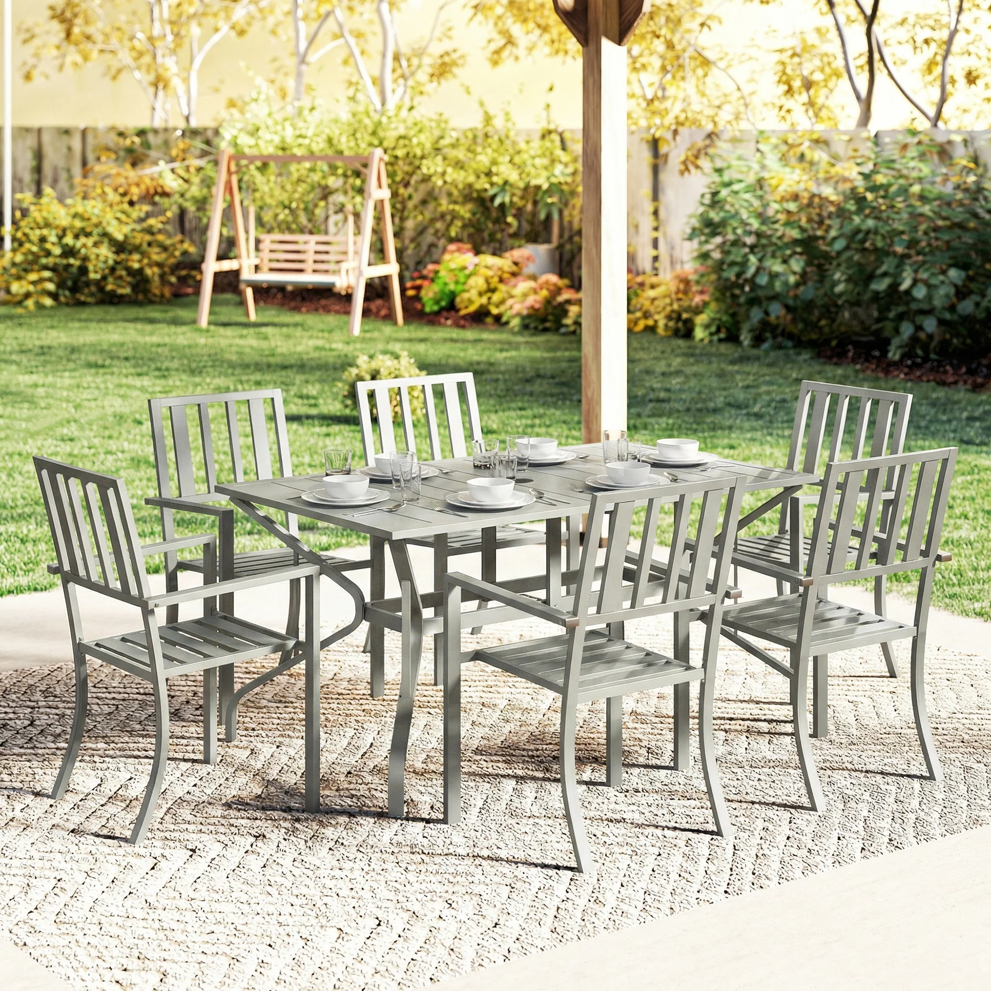 Outsunny 7 Pieces Patio Dining Set With Umbrella Hole For Garden, Light Grey - Image 9