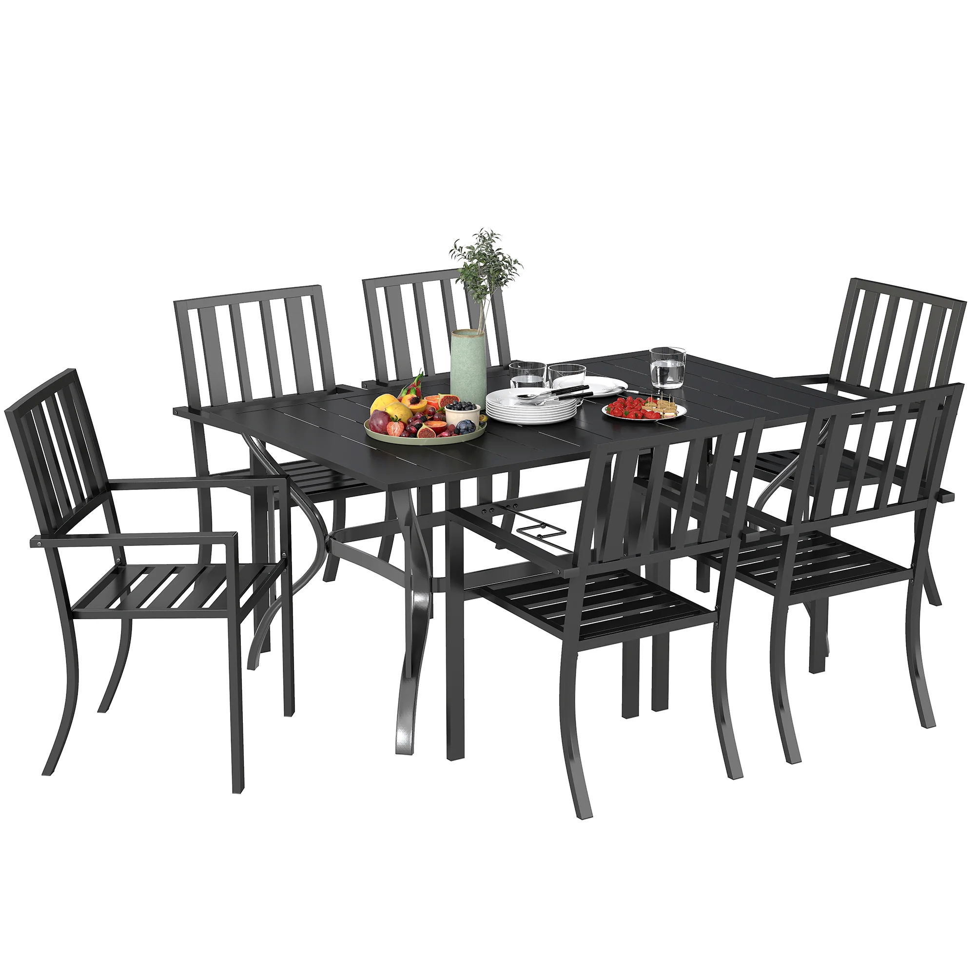 Outsunny 7 Pieces Patio Dining Set With Umbrella Hole, For Poolside, Garden