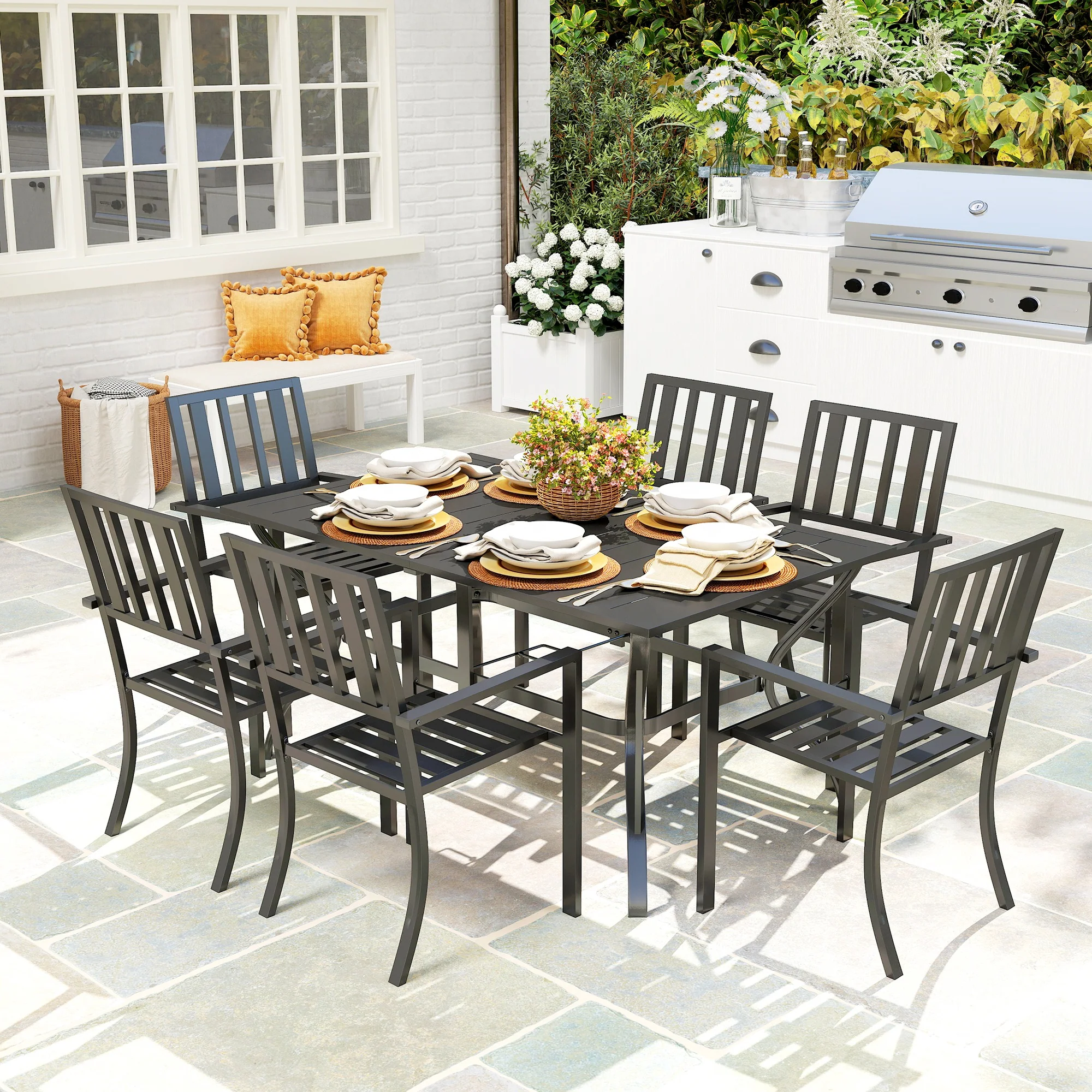 Outsunny 7 Pieces Patio Dining Set With Umbrella Hole, For Poolside, Garden - Image 2