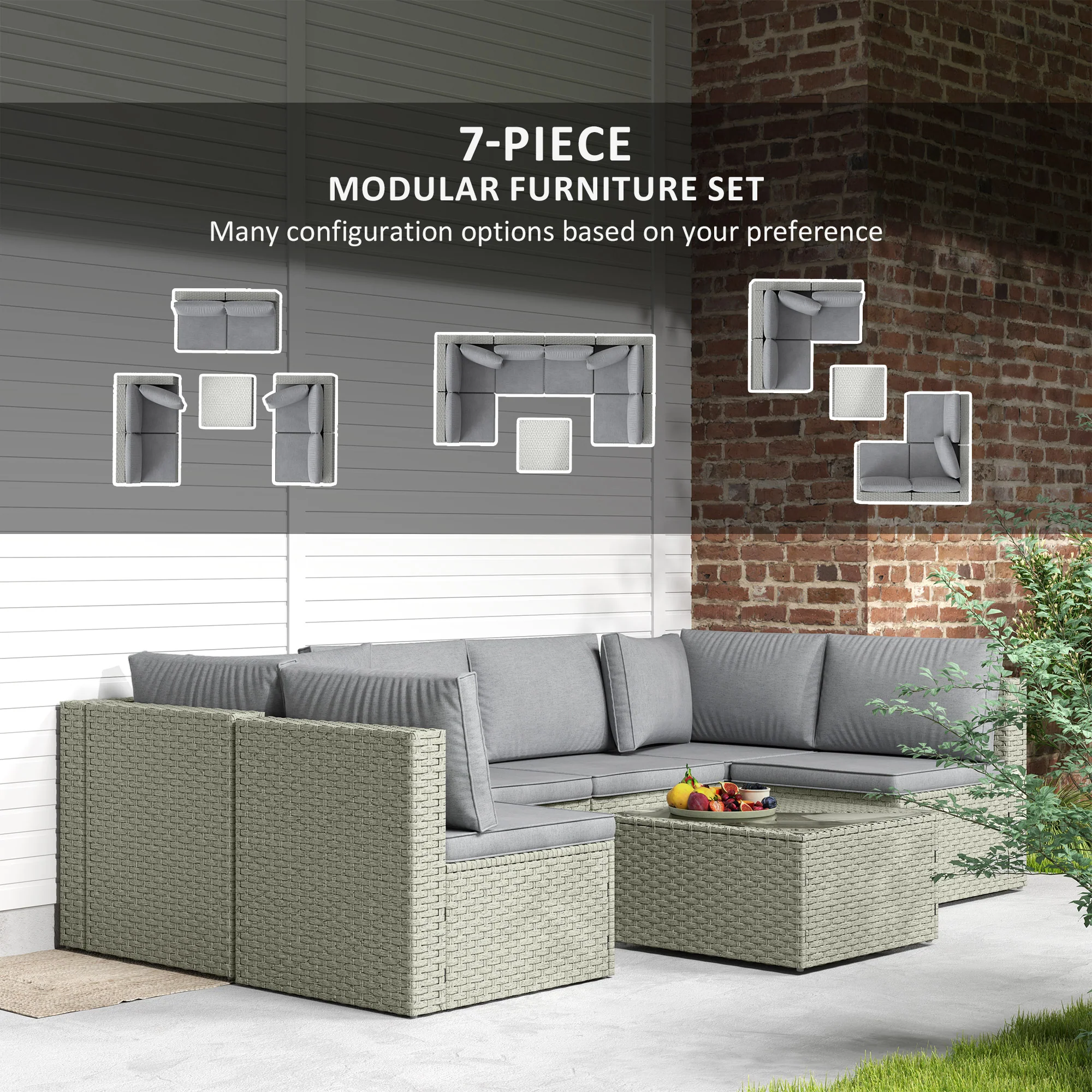 Outsunny 7 Pieces Rattan Garden Furniture Set with Cushions, Light Brown - Image 3