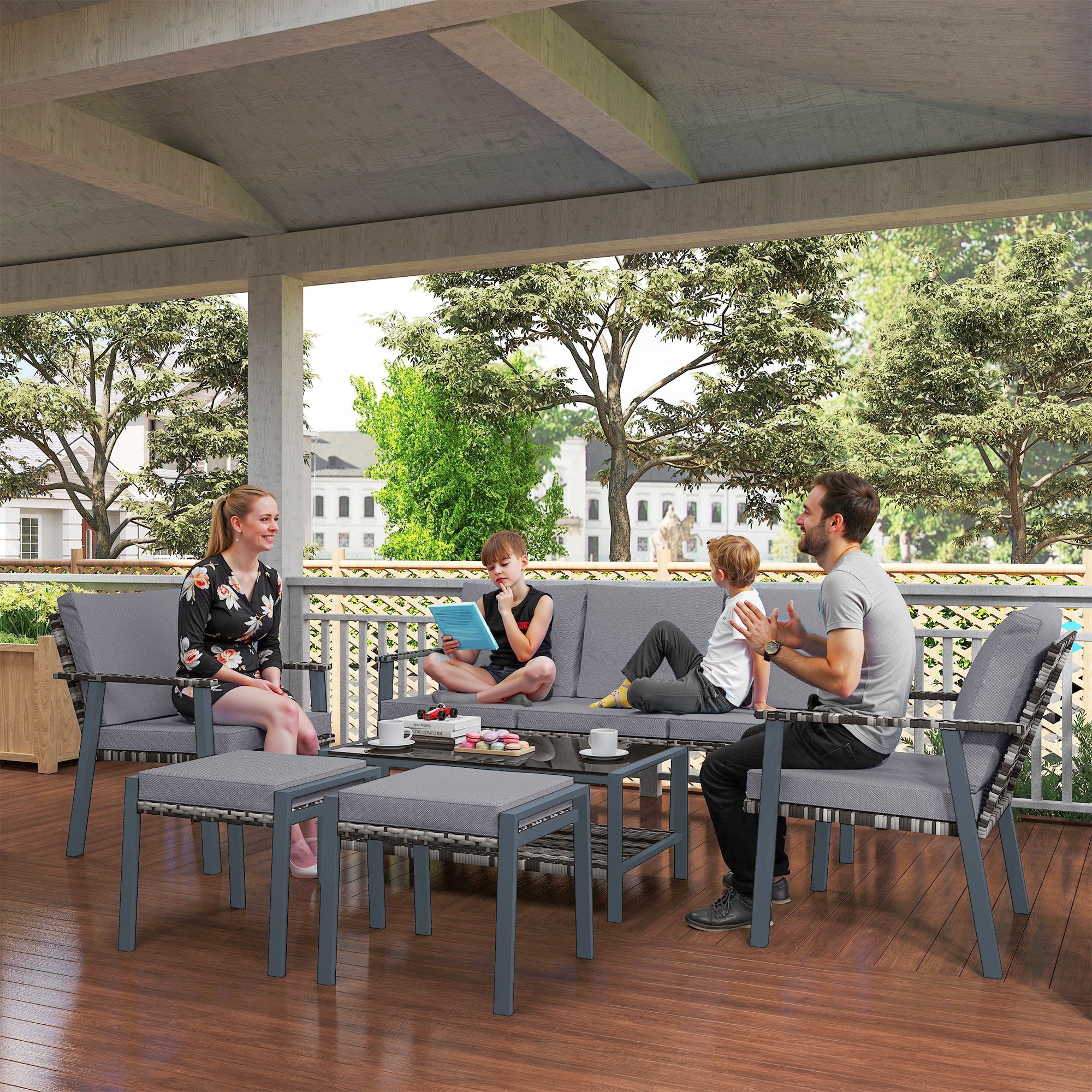 Outsunny 7 Seater Rattan Garden Furniture Set with Glass Coffee Table Grey - Image 2