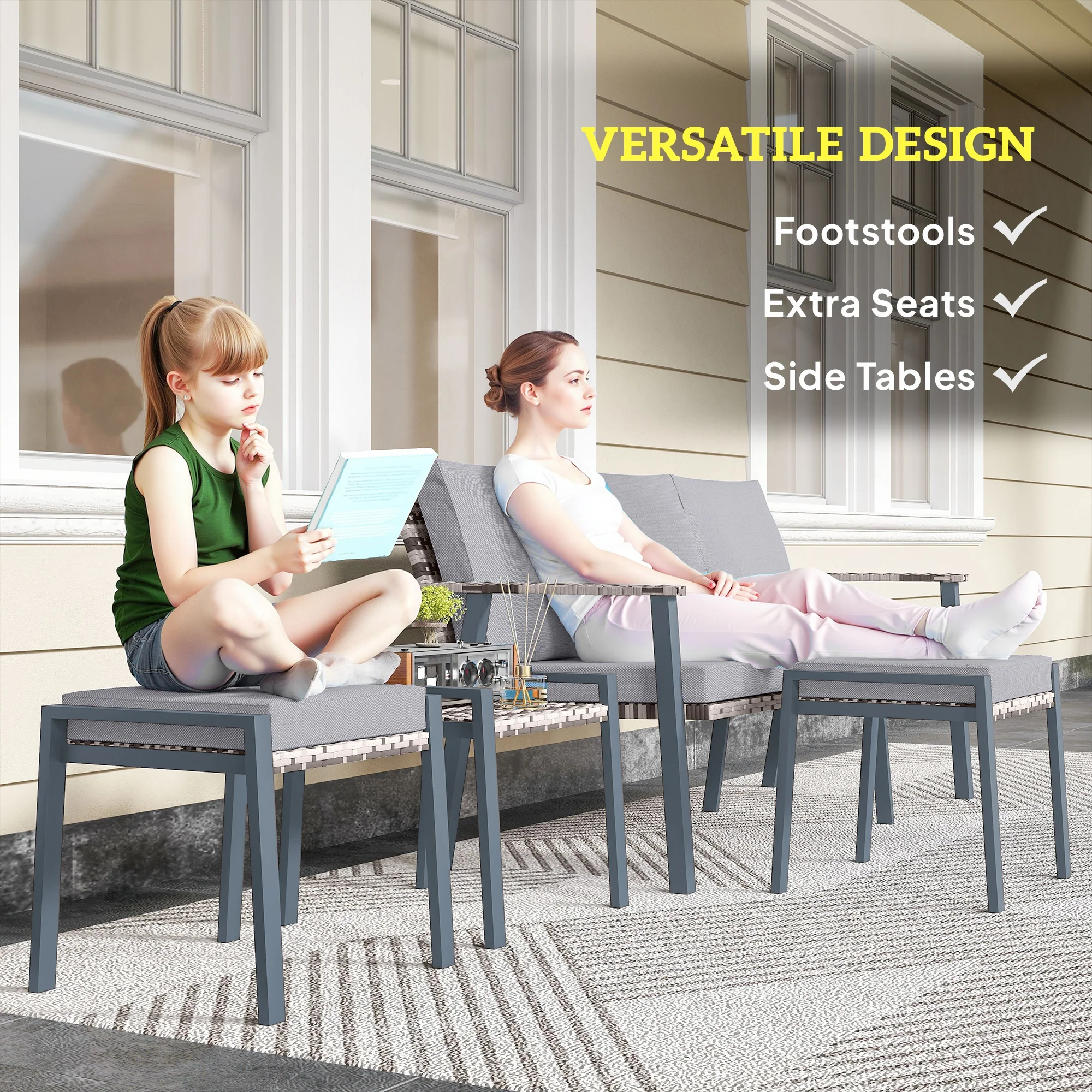 Outsunny 7 Seater Rattan Garden Furniture Set with Glass Coffee Table Grey - Image 4