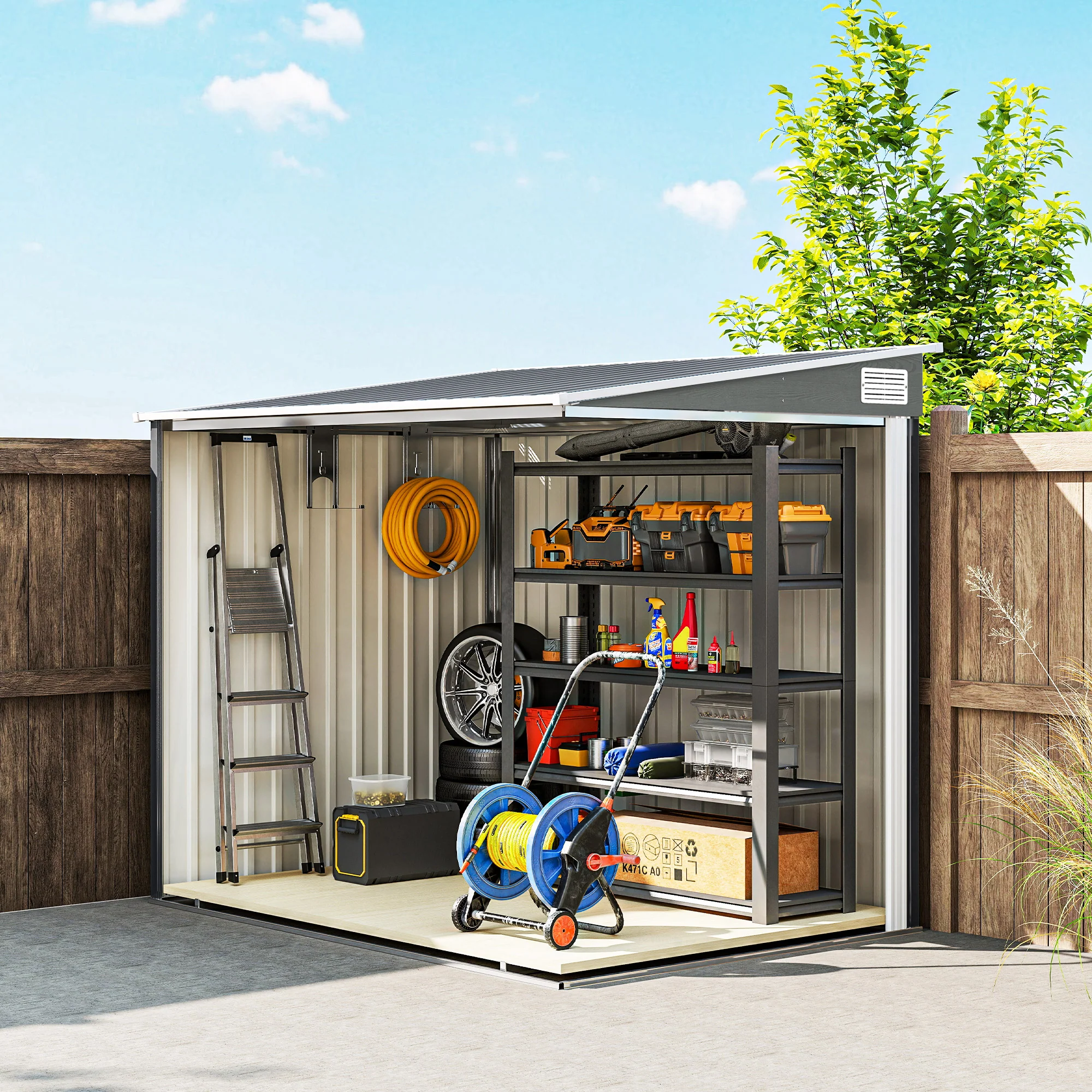Outsunny 7 X 5FT Garden Shed W/ Foundation Lean To Metal Tool Shed Grey - Image 9