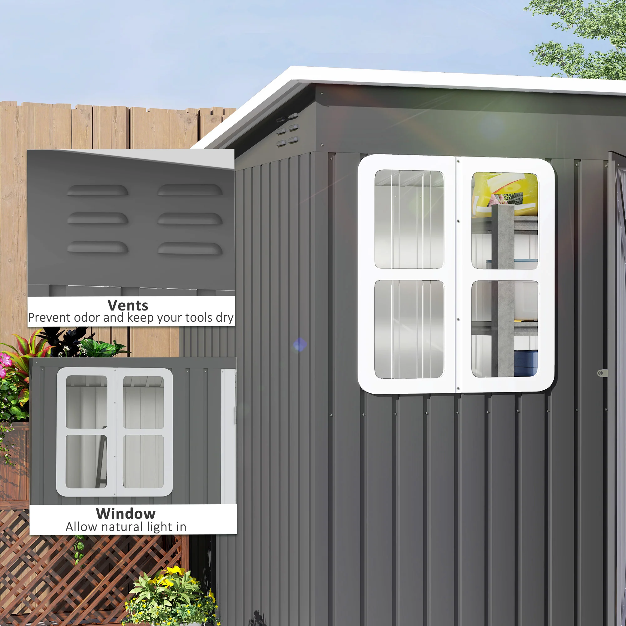 Outsunny 8.5 x 6ft Galvanised Steel Garden Shed with Foundation Kit, Grey - Image 5