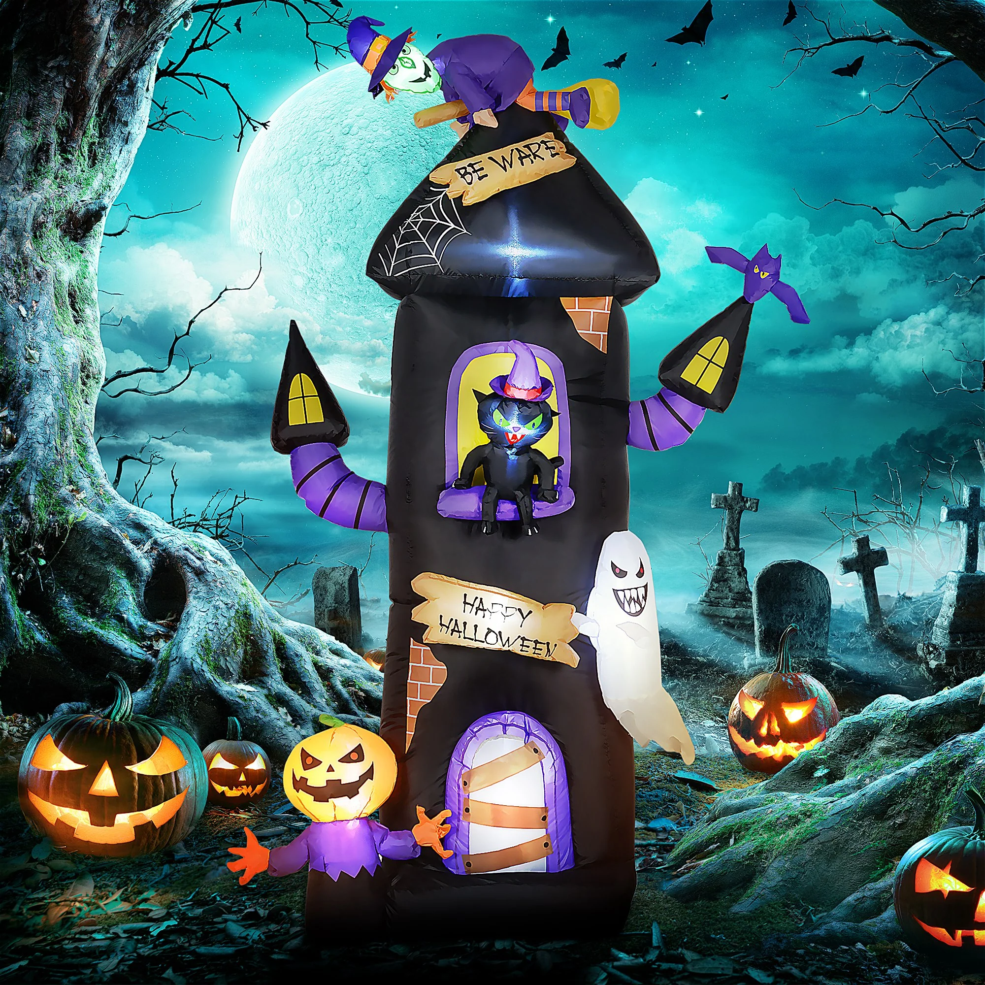 Outsunny 8.5ft Halloween Inflatable Treehouse w/ Witch, Ghost, Pumpkin Man - Image 2