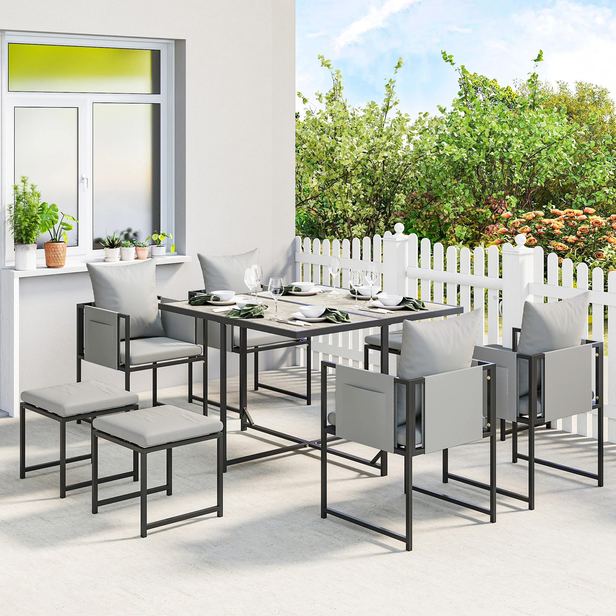 Outsunny 8 Seater Garden Dining Set, Cube Garden Furniture with Cushions - Image 2