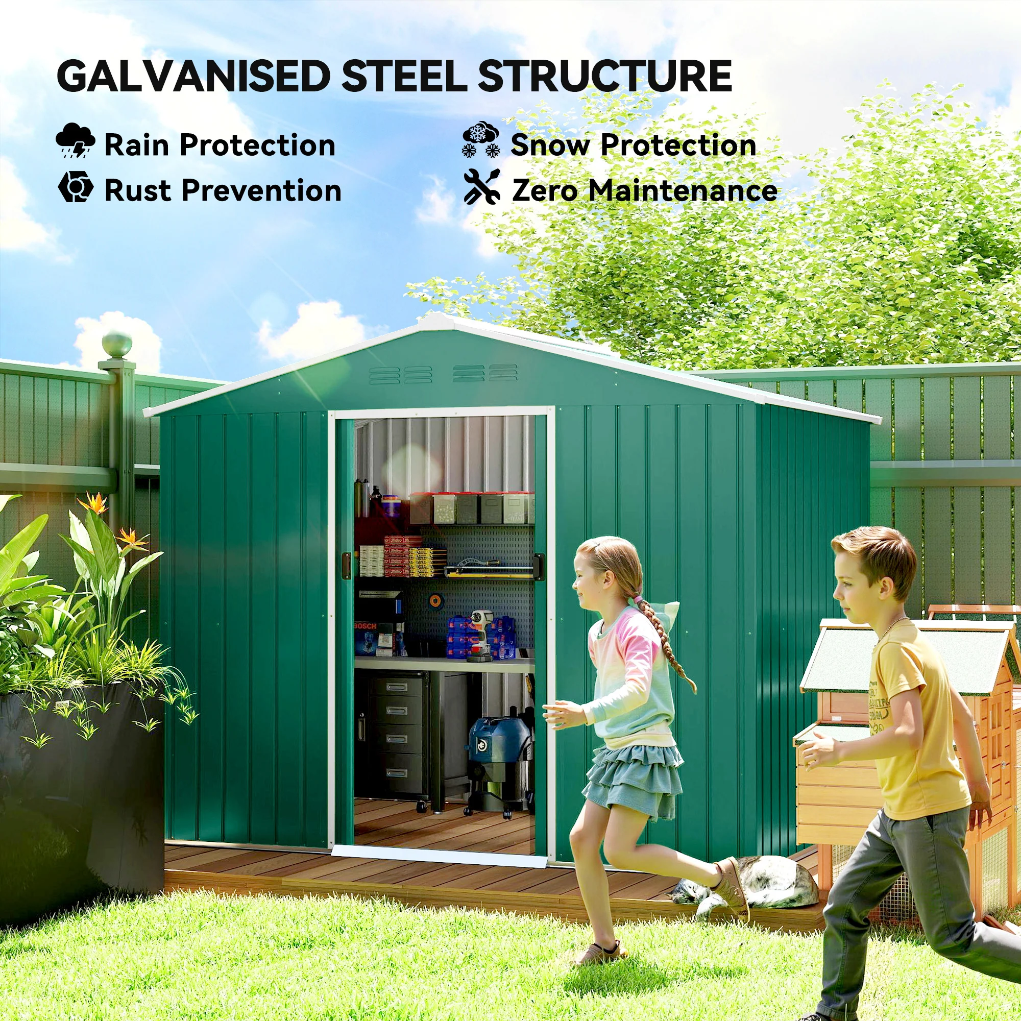 Outsunny 8 X 6ft Garden Storage Shed With Double Door Green - Image 4