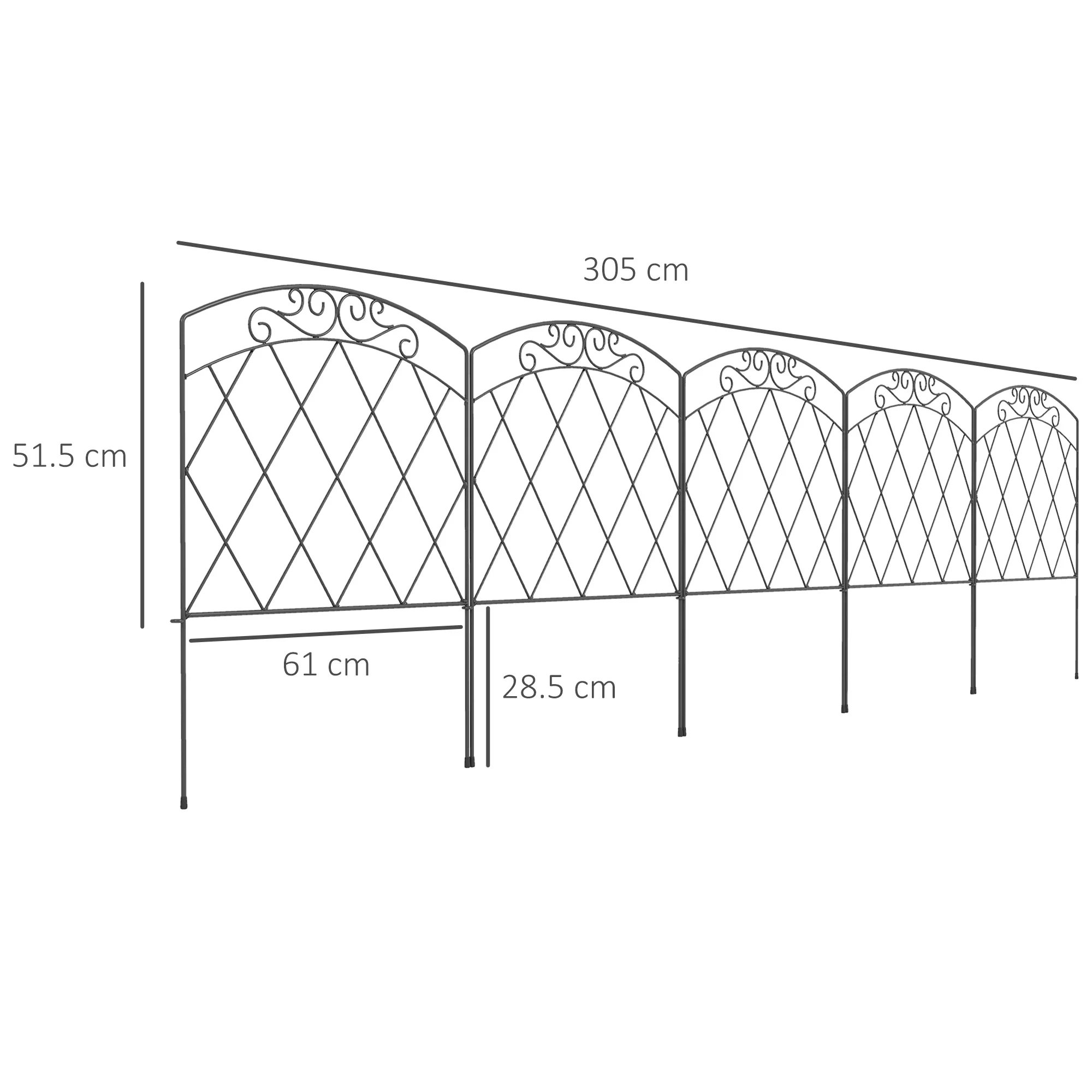 Outsunny 80 cm x 3 m Outdoor Picket Fence Panels with Panels, Swirls, Black - Image 3