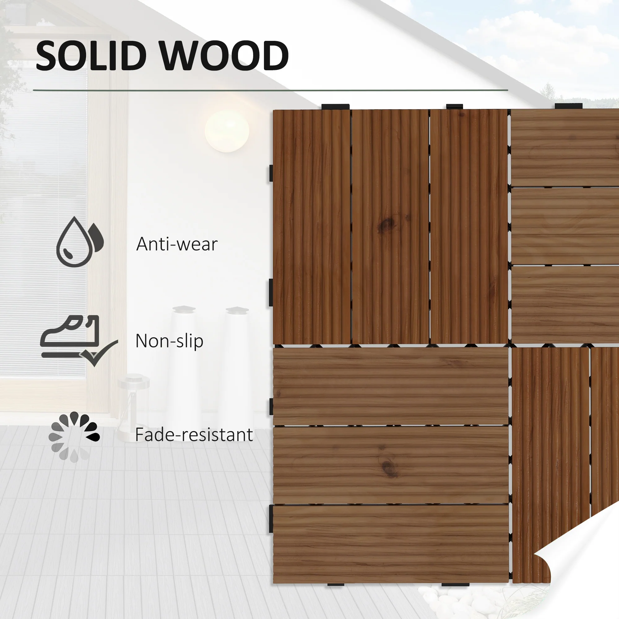 Outsunny 9 Pcs Interlocking Flooring Tiles for Patio, Balcony, Hot Tub, Brown - Image 3