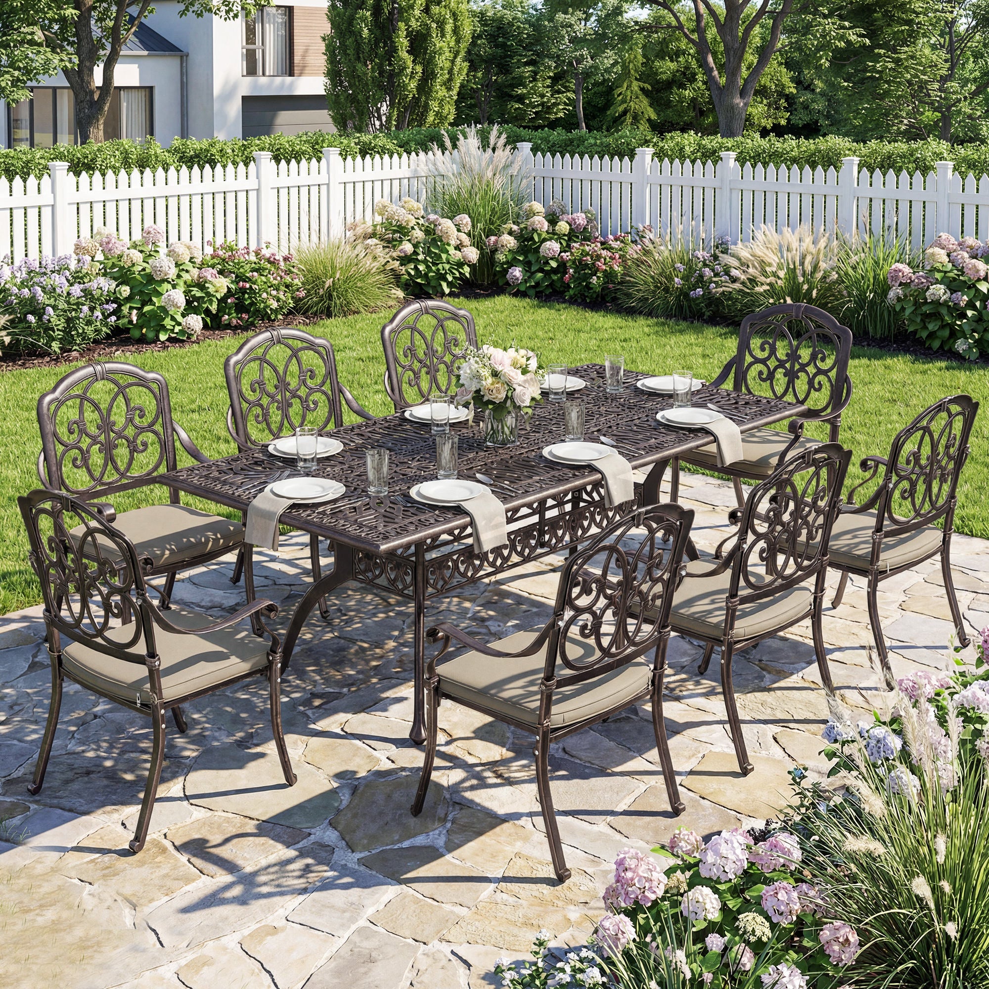 Outsunny 9 Piece Cast Aluminium Garden Dining Set With Cushions, Bronze Tone - Image 8