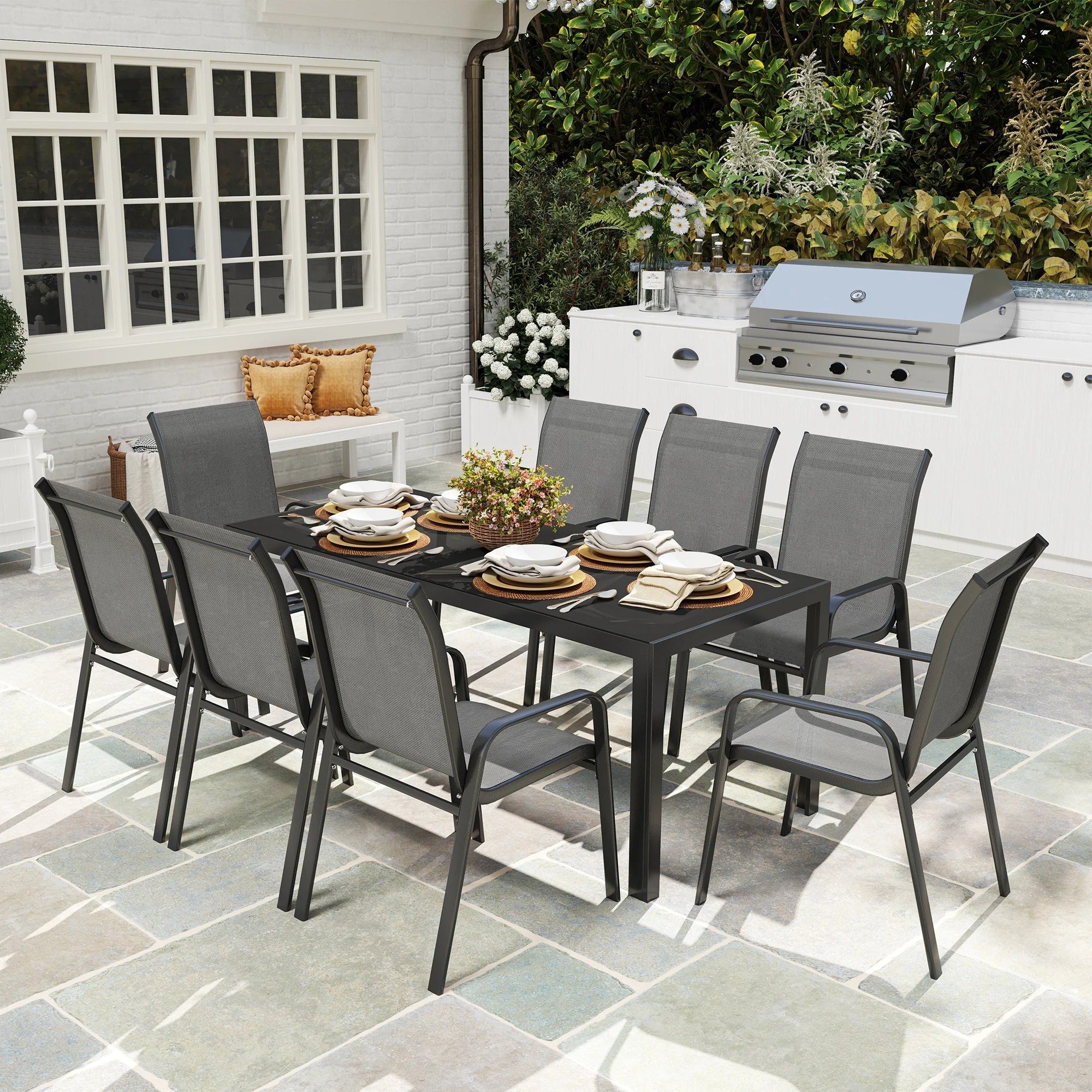 Outsunny 9 Pieces Patio Dining Set with Stackable Chairs - Image 11