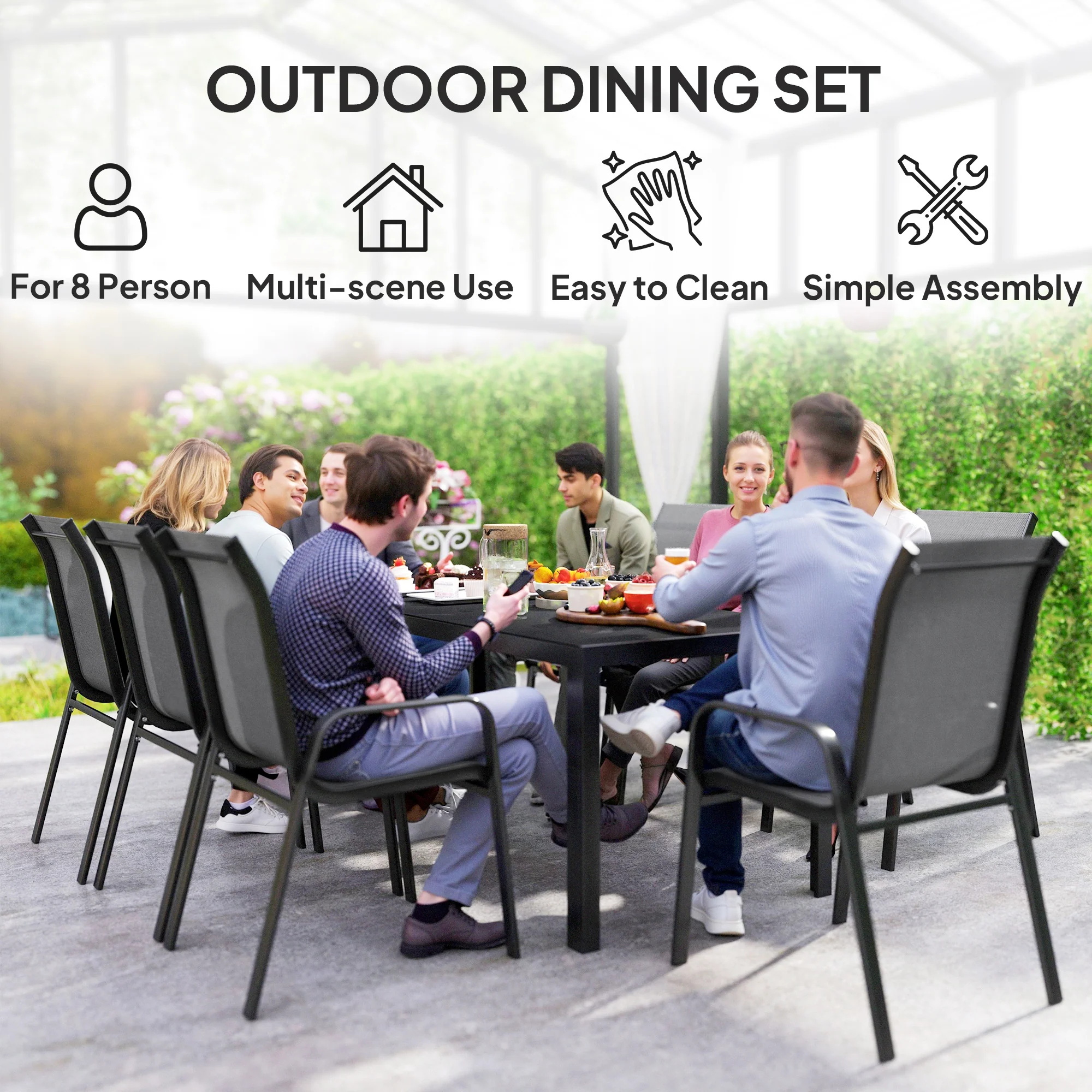 Outsunny 9 Pieces Patio Dining Set with Stackable Chairs - Image 15