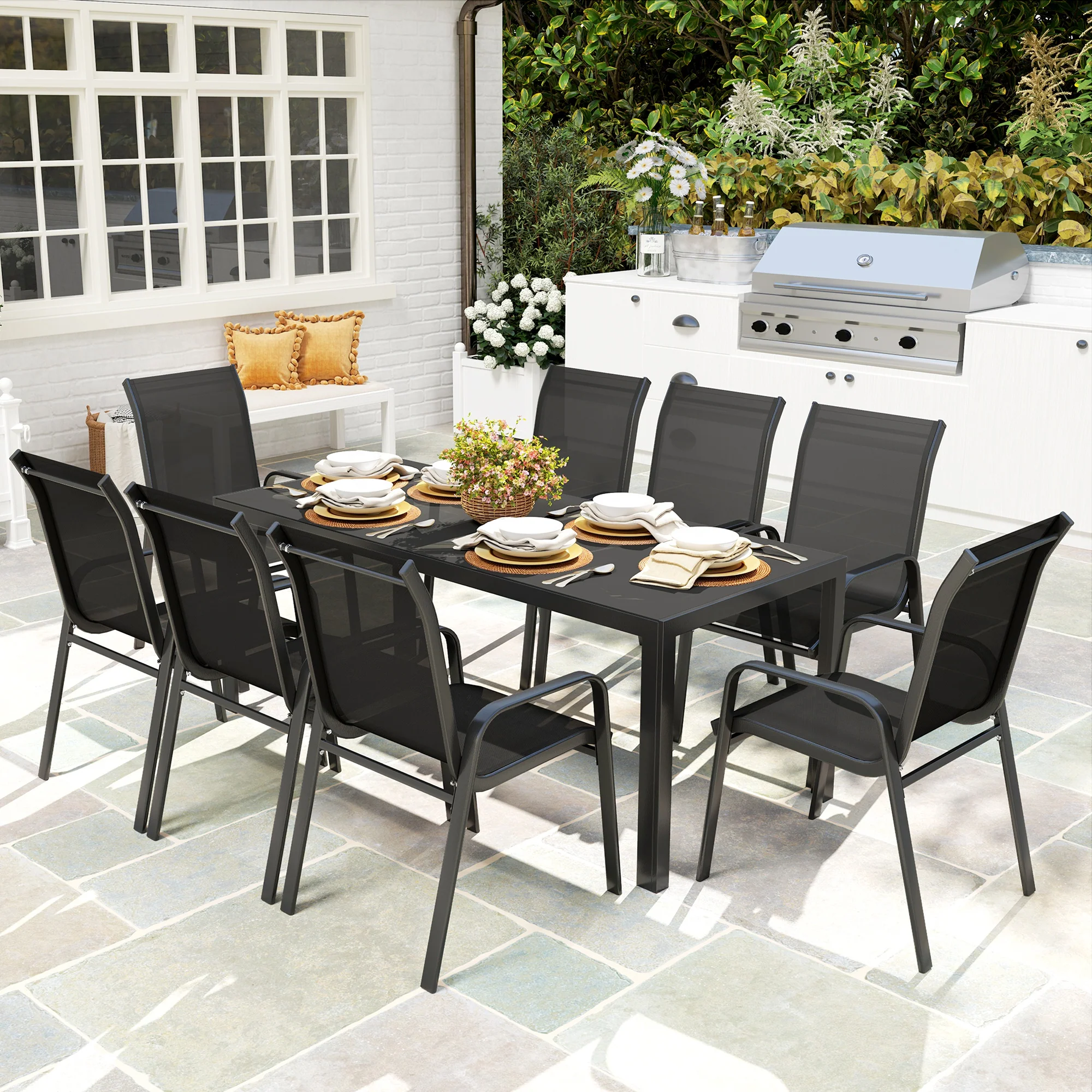 Outsunny 9 Pieces Patio Dining Set with Stackable Chairs - Image 2
